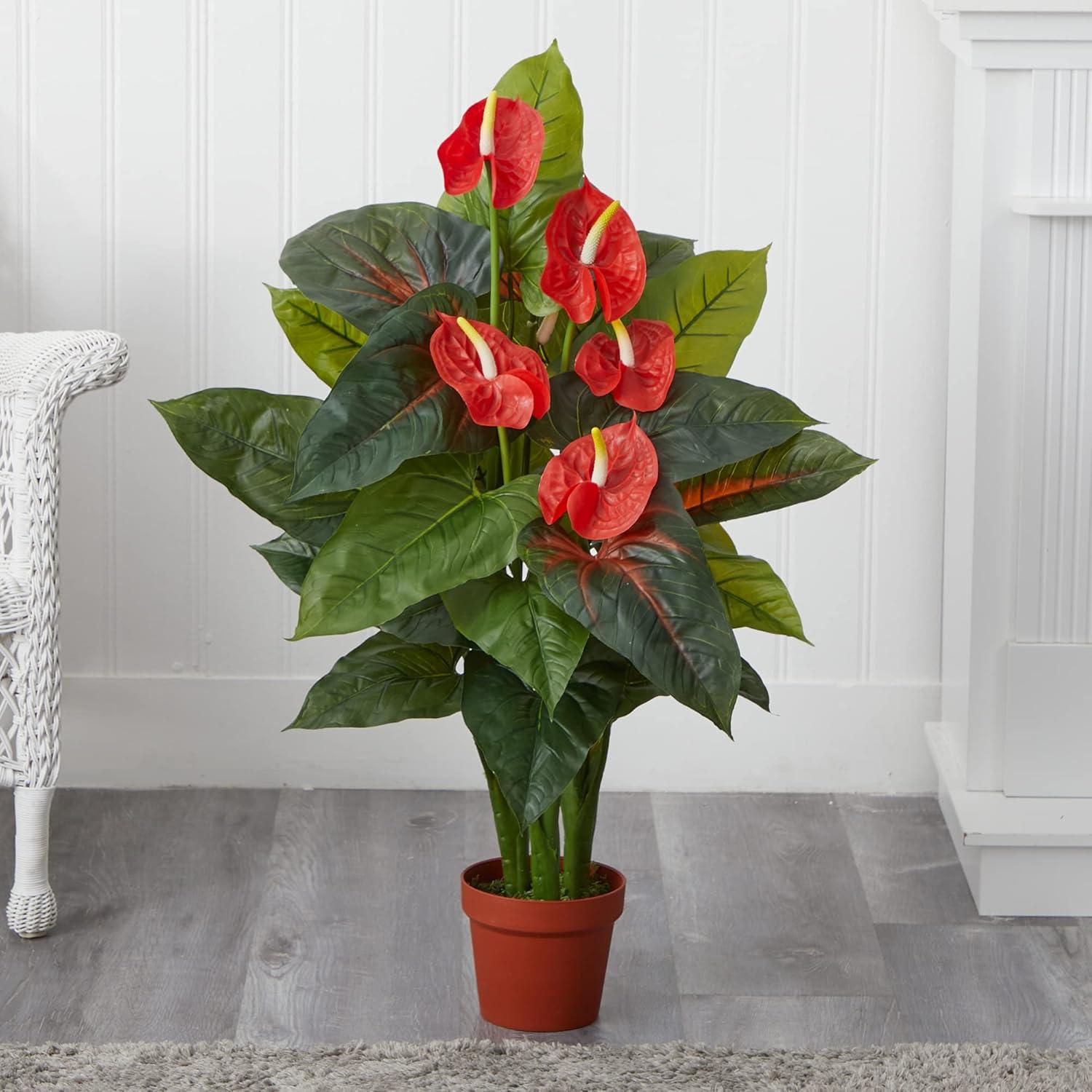 Lush Summer Anthurium Silk 35" Floor Plant in Faux Pot