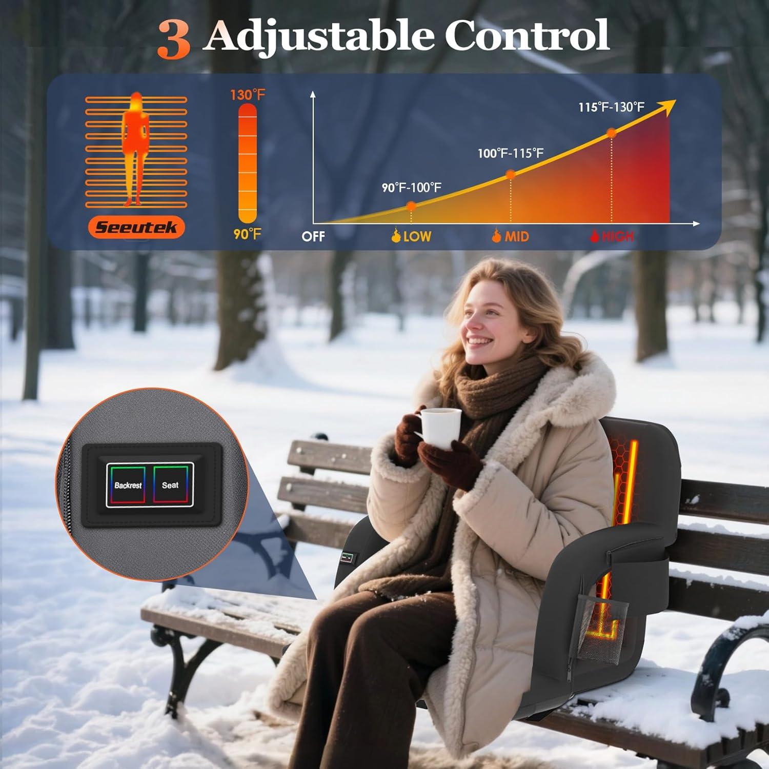 PNKKODW 21" 2PCS Foldable Heated Stadium Seats for Bleachers w/ Back Support, Extra Portable Bleacher Seat, USB 3 Levels of Heat, 5 Pockets for Outdoor Camping Games Sports(No Battery)