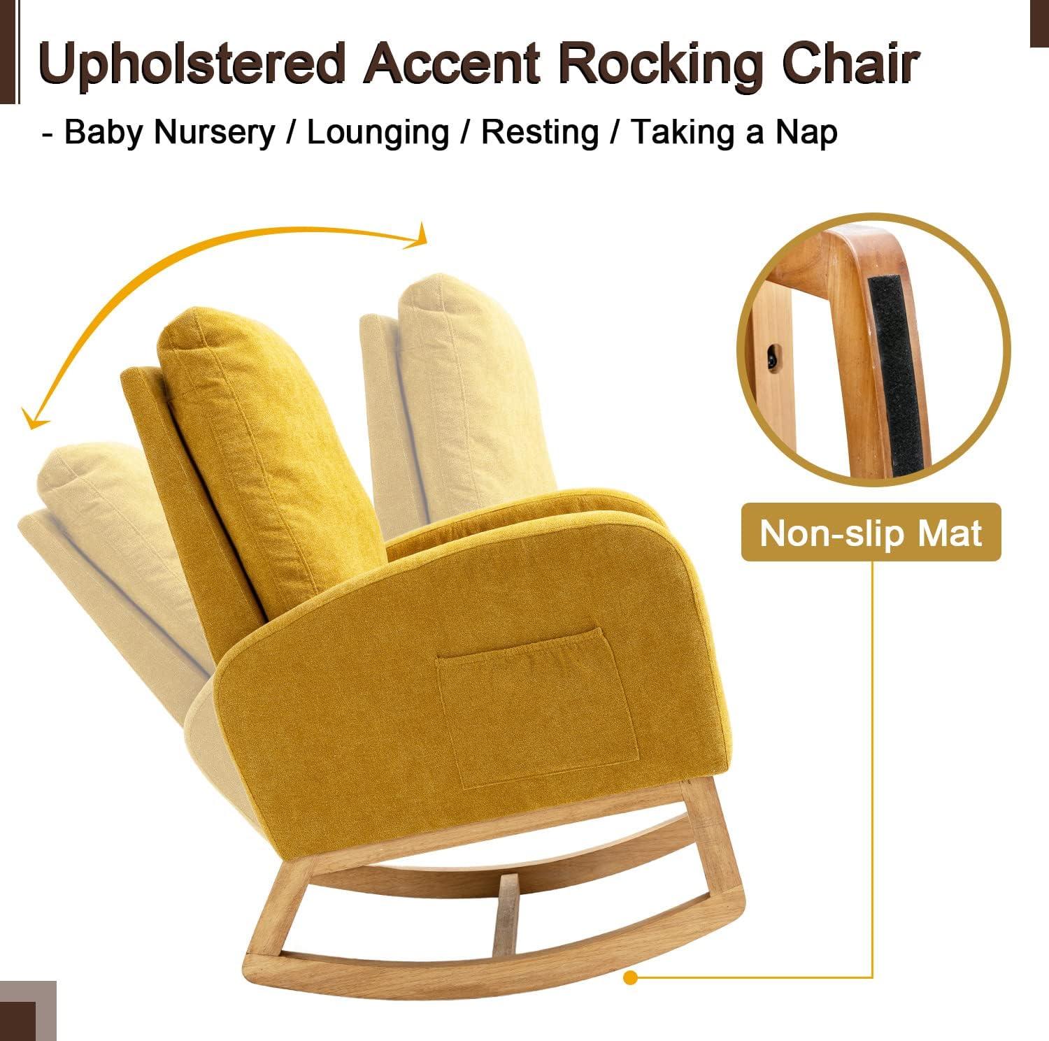 Antetek Modern Accent Rocking Chair, Upholstered Nursery Glider Rocker, Comfy Armchair with Side Pocket, Living Room Lounge Arm Chair, High Backrest with Decorative Buttons, Dark Grey