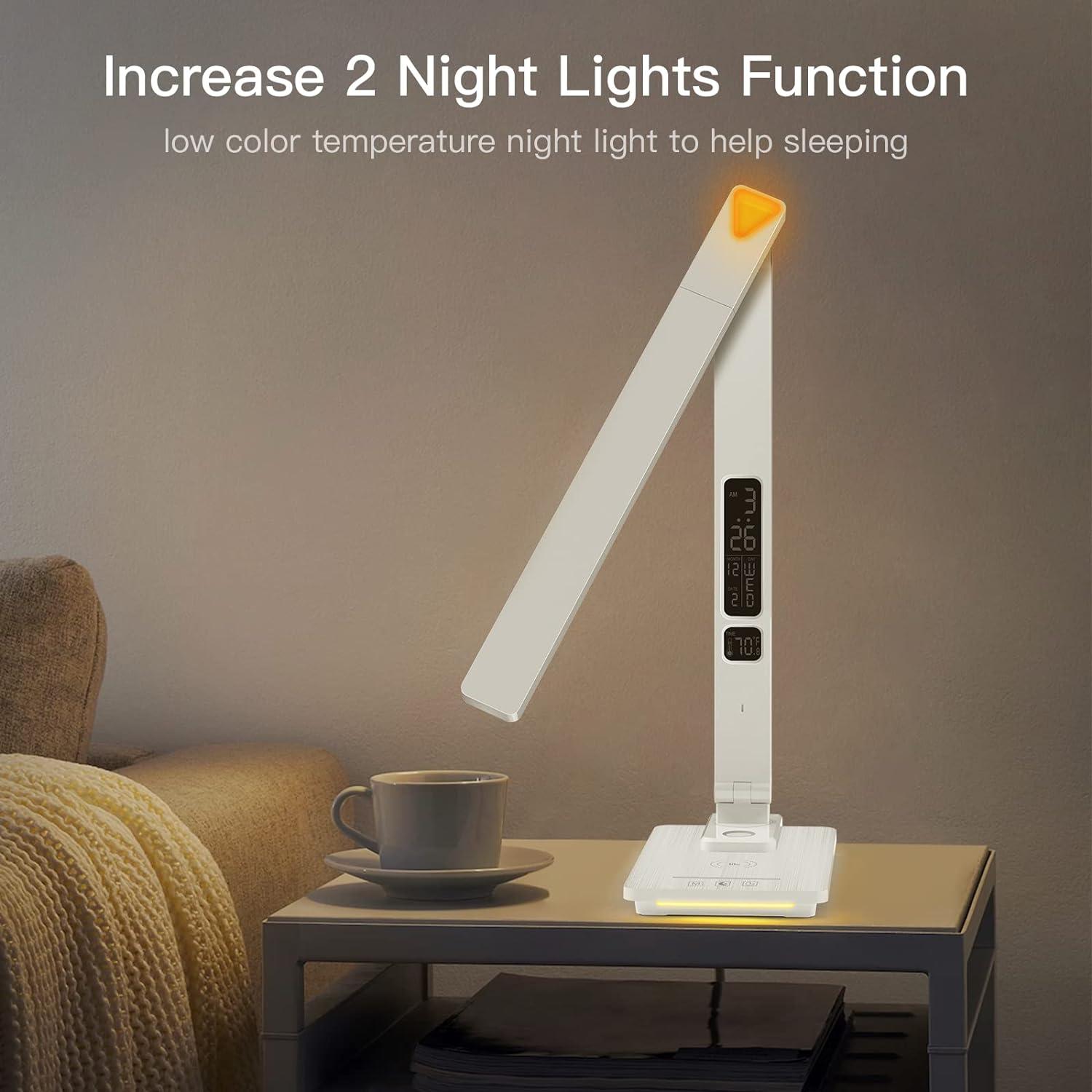 White Adjustable LED Desk Lamp with Wireless Charger and Clock