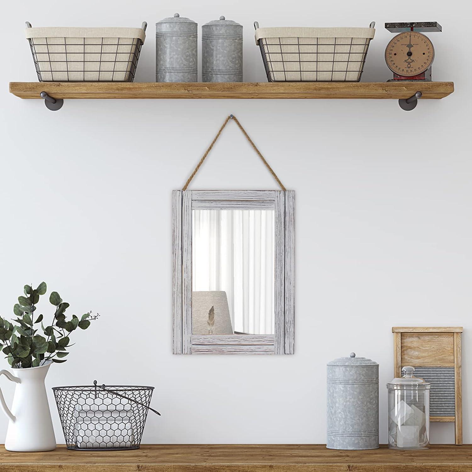 Arikago 12 x 16 in Wall Decorative Mirror, Rustic Wood Frame Rectangular Mirror with Hanging Rope for Entryway, Bedroom, Guest Bathroom, Living Room, Bedroom - Grey