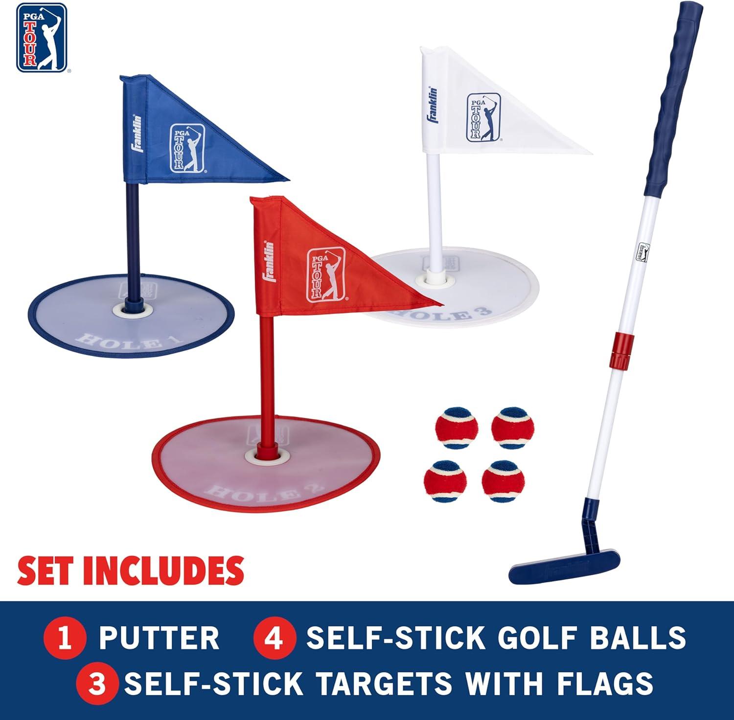 Franklin Sports Kids Indoor Mini Golf Set - PGA TOUR Putt N' Stick Mini Golf Set for Boys + Girls - Toy Indoor Mini Golf Game for Kids - Perfect Youth Golf Set for Ages 3+ - Putter, Balls + Holes Set