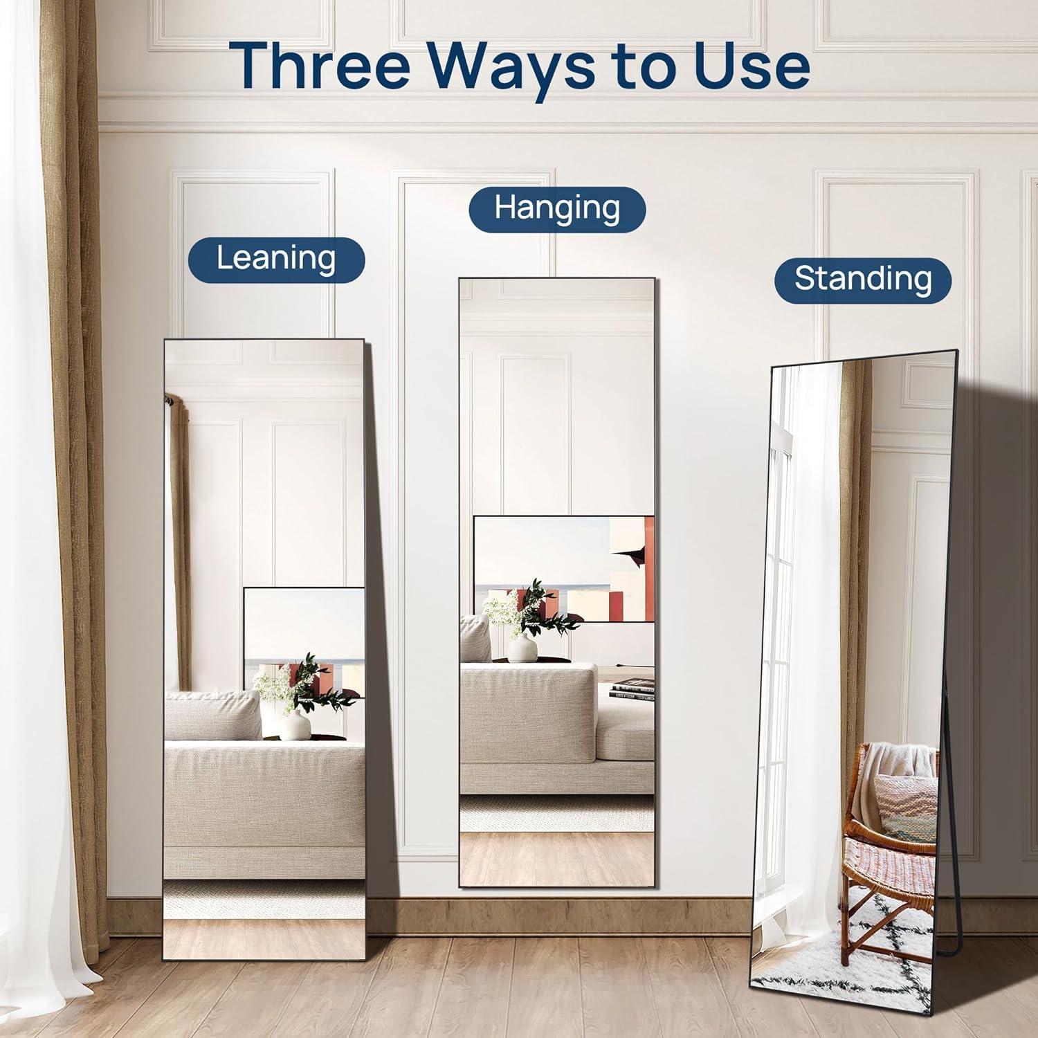 YSSOA Full Length Mirror - Standing & Leaning, Large Bedroom Mirror with Black Aluminium Frame, 65"x22"