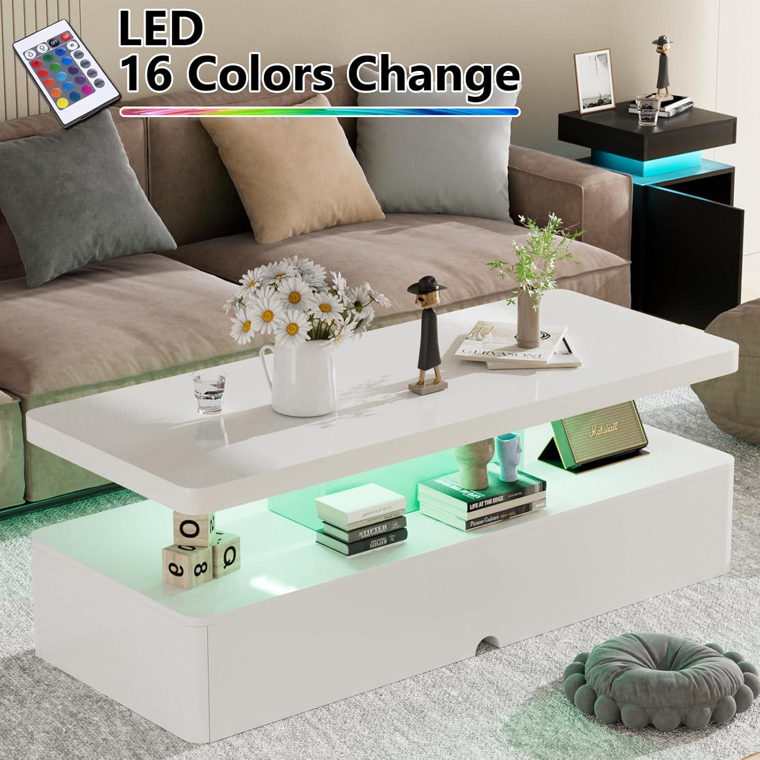 Oneinmil Modern Stylish Coffee Table with 16 Colors LED Lights, Double-Layer Design for Living Room, White High Gloss Acrylic