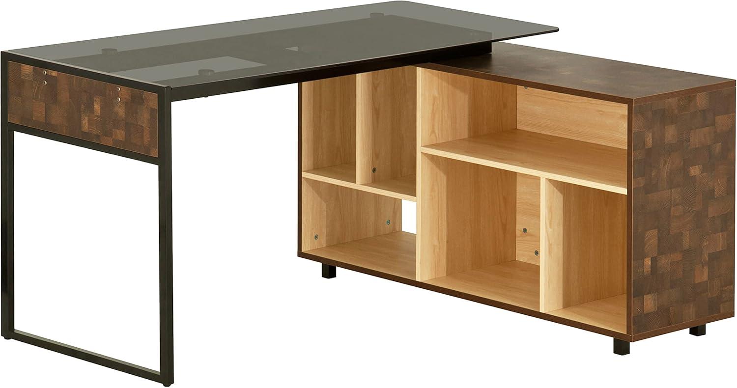 Elegant Rustic Oak L-Shaped Desk with Glass Top & Storage