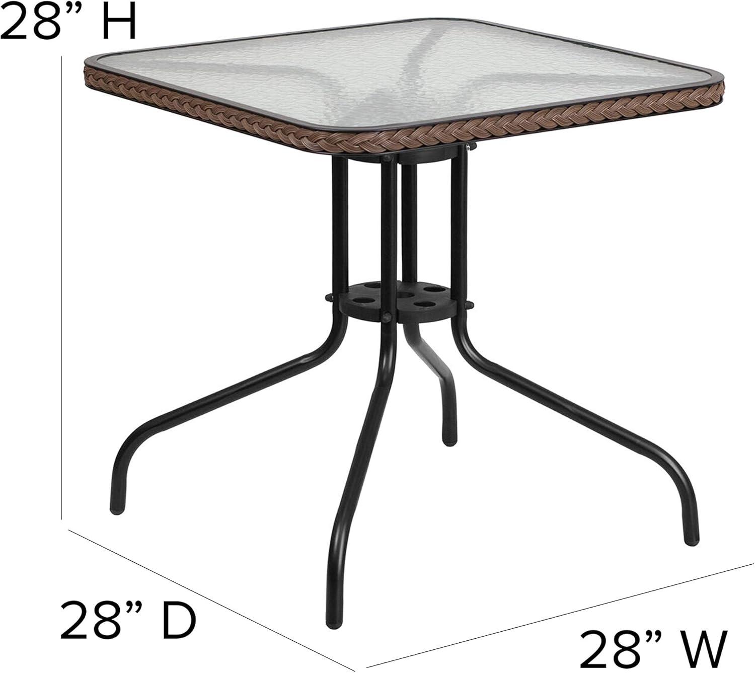 Flash Furniture Lila 28'' Square Glass Metal Table with Dark Brown Rattan Edging and 2 Dark Brown Rattan Stack Chairs