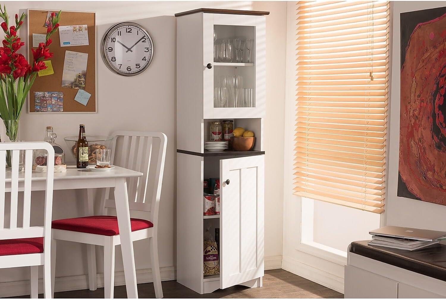 Baxton Studio Lauren TwoTone and Buffet and Hutch Kitchen Cabinet White/Dark Brown: Transitional Style, 5 Fixed Shelves