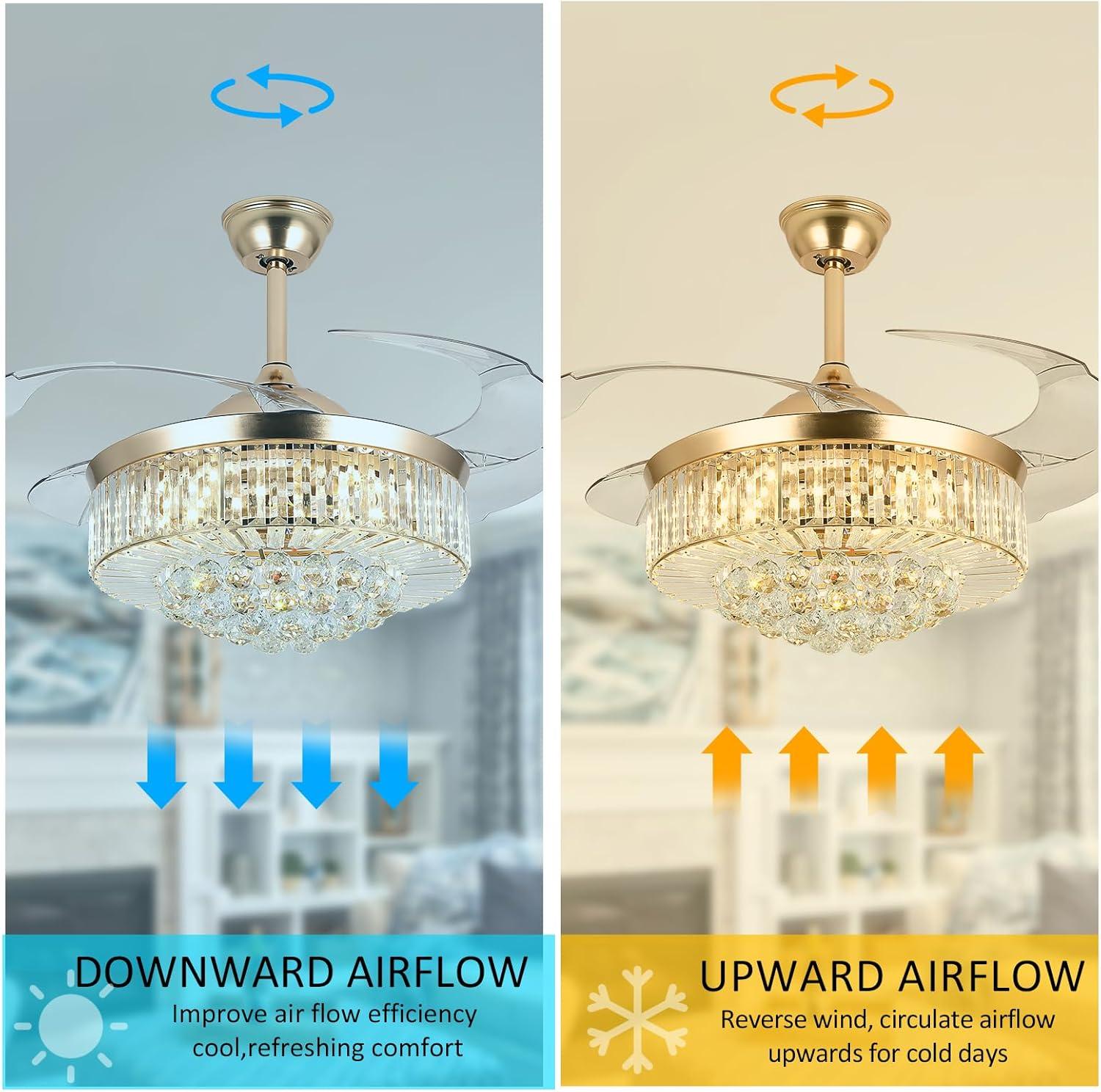 Panghuhu88 42" Invisible Ceiling Fan Chandelier Light,Modern Crystal Ceiling Fan Light Remote Control 4 Retractable ABS Blades for Bedroom Living Room Dining Room Decoration