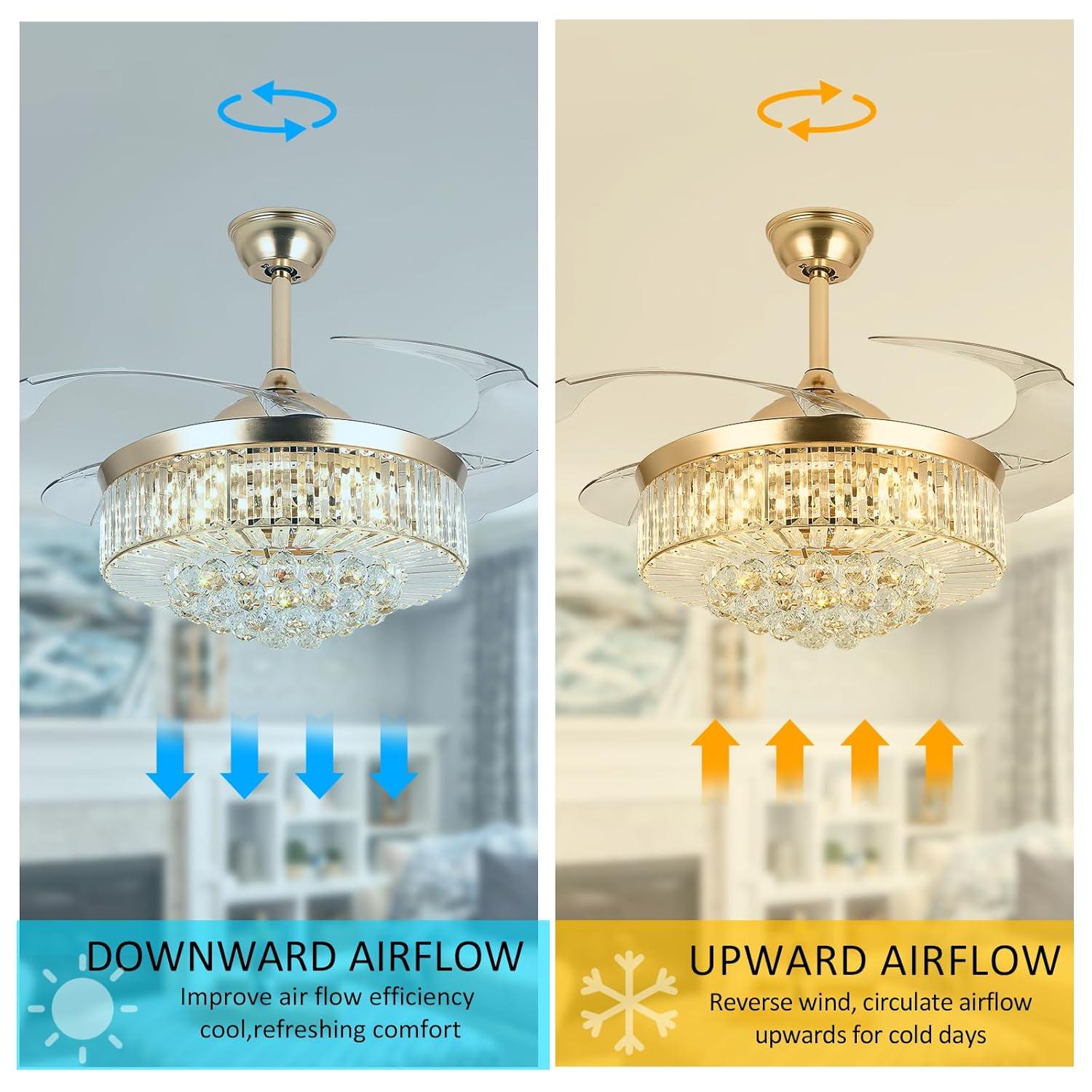 Panghuhu88 42" Invisible Ceiling Fan Chandelier Light,Modern Crystal Ceiling Fan Light Remote Control 4 Retractable ABS Blades for Bedroom Living Room Dining Room Decoration