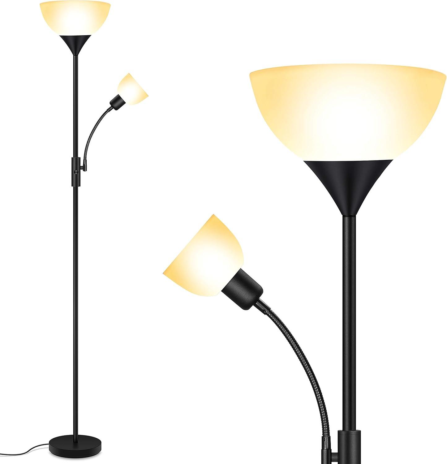 Black Adjustable LED Torchiere Floor Lamp with Reading Light