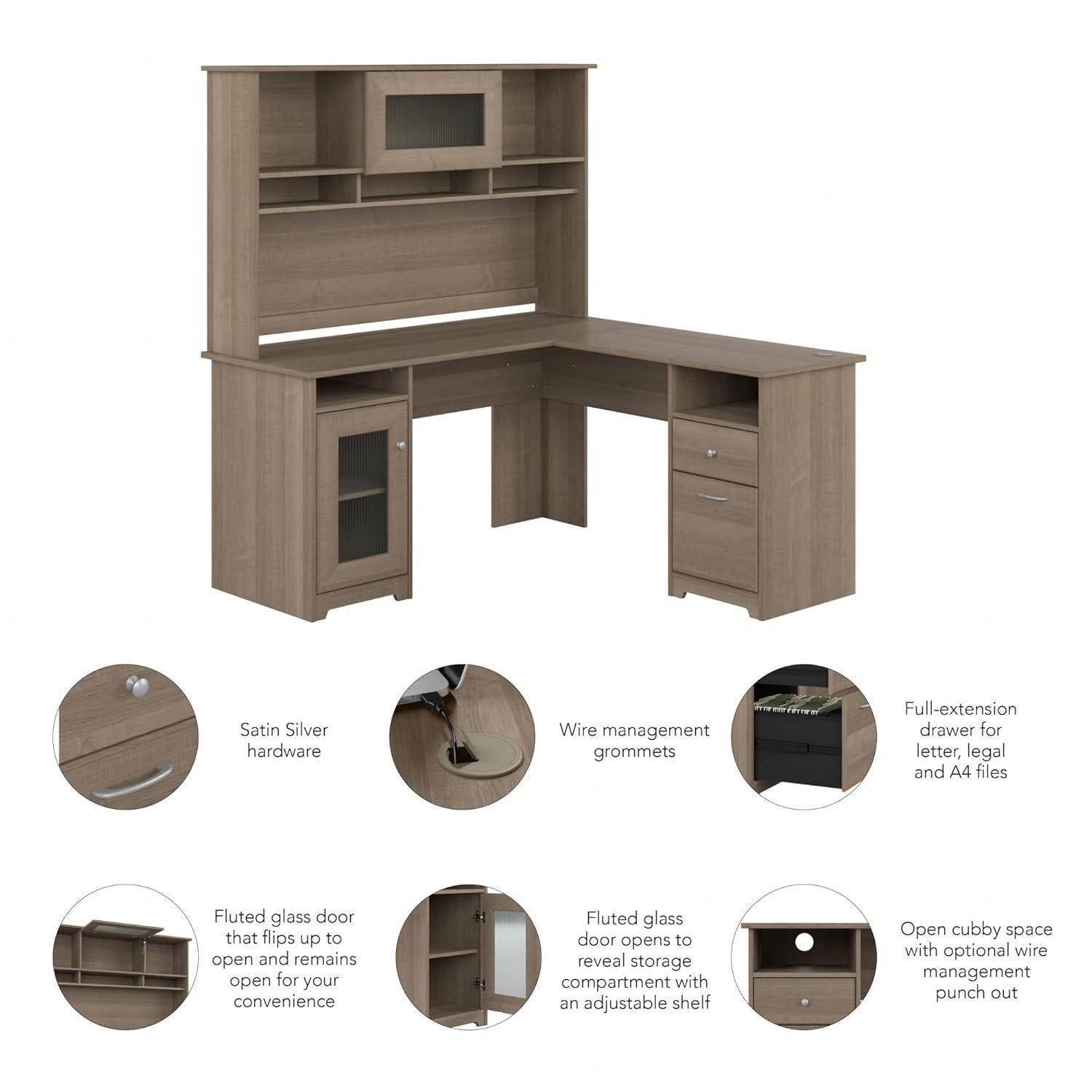 Bush Furniture Cabot 60" L Desk and Hutch with Storage, Ash Gray