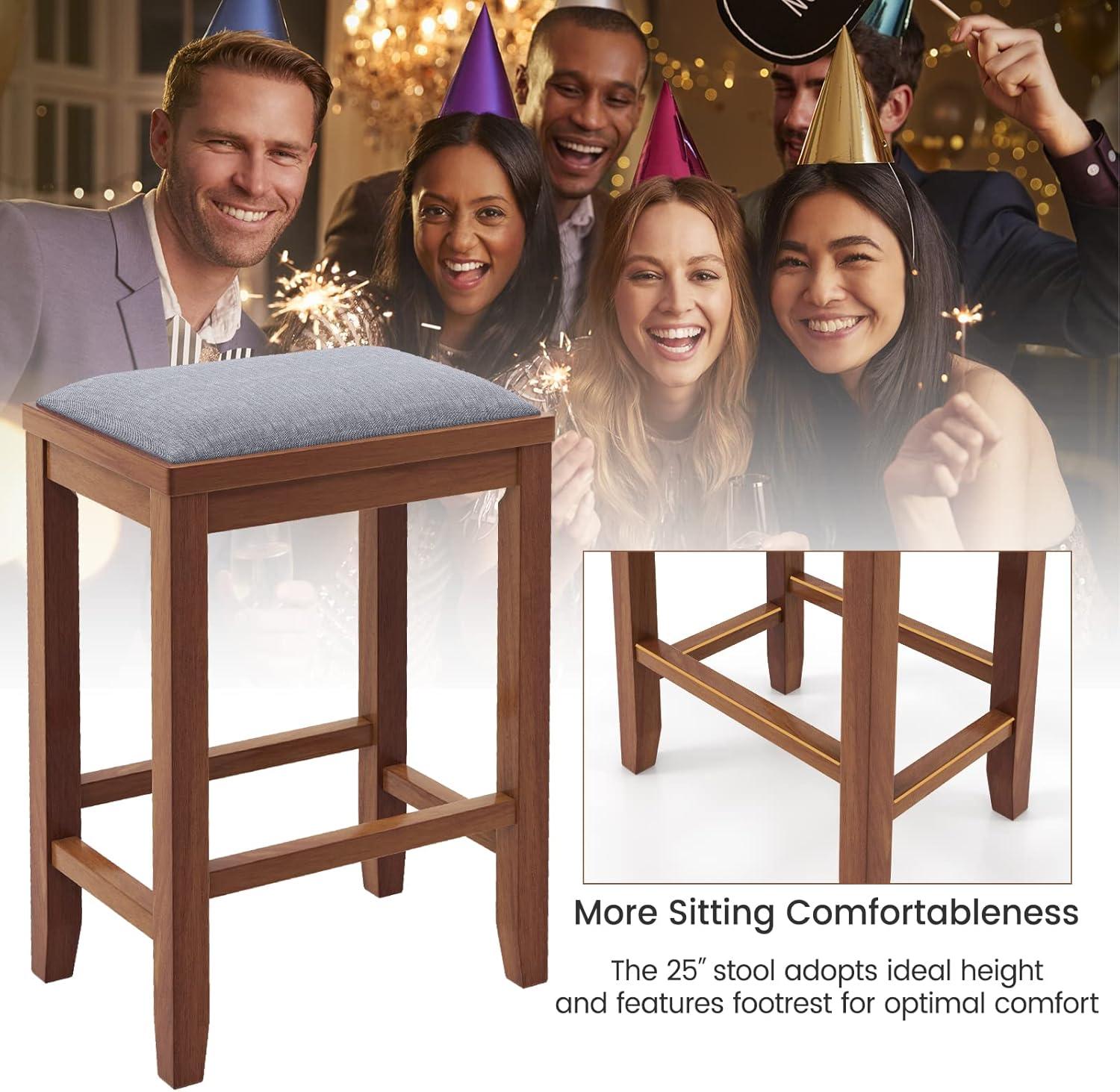 Costway Set of 2 Upholstered Bar Stools Wooden Counter Height Dining Chairs Walnut