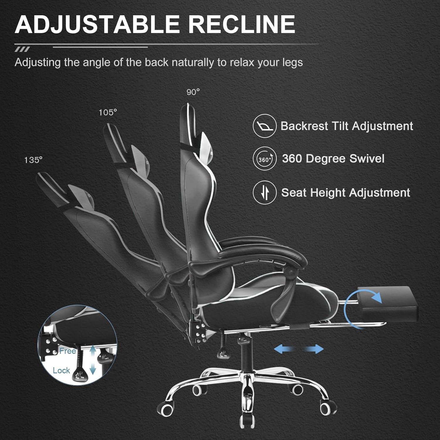 White and Black Ergonomic Gaming Chair with Footrest and Lumbar Support