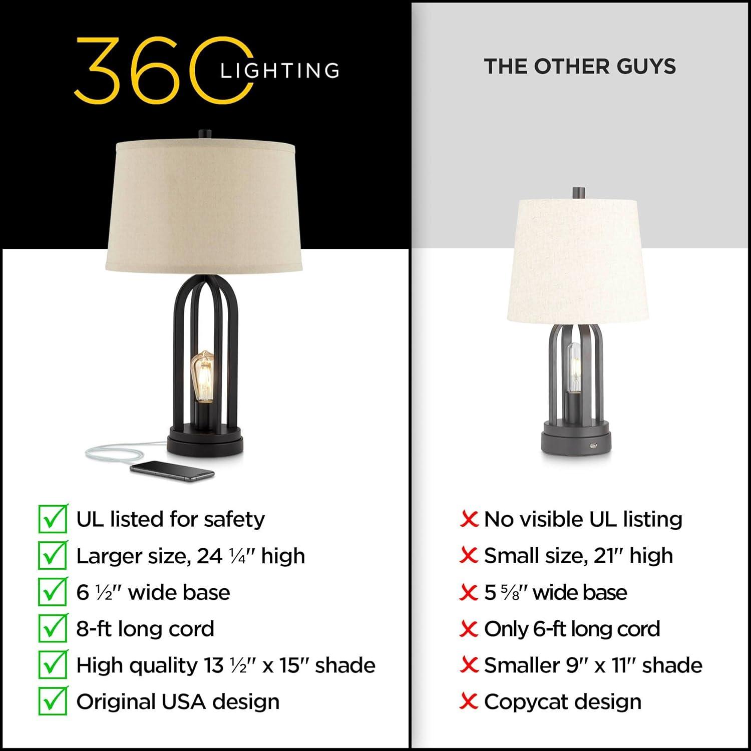 360 Lighting Marcel Industrial Table Lamps 24 1/4" High Set of 2 Black with LED Nightlight USB Port Natural Shade for Bedroom Living Room House Desk