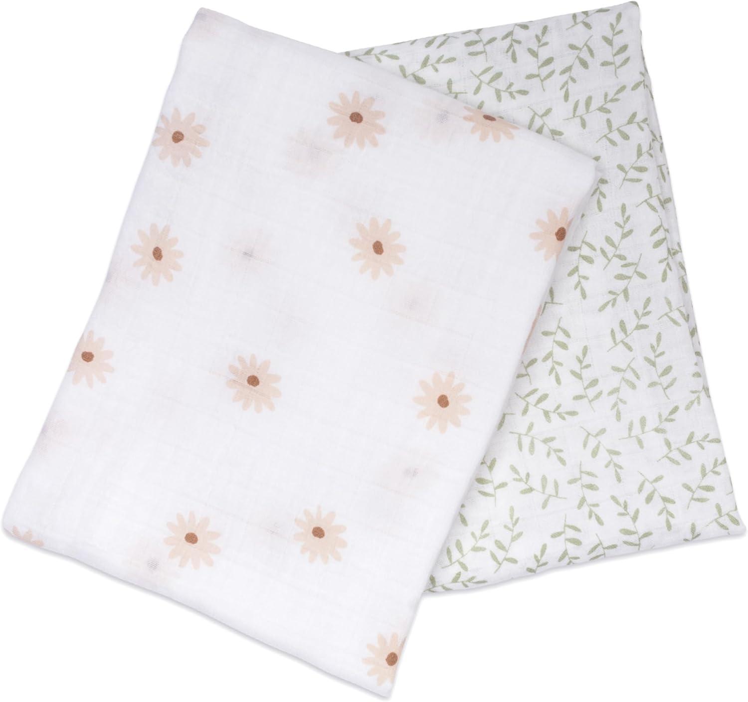 Lulujo Baby Swaddle Blankets | Unisex Softest Breathable Cotton Muslin Swaddle Blanket Set | Neutral Receiving Blanket for Girls & Boys | 40in x 40in | Daisies & Greenery | 2-Count