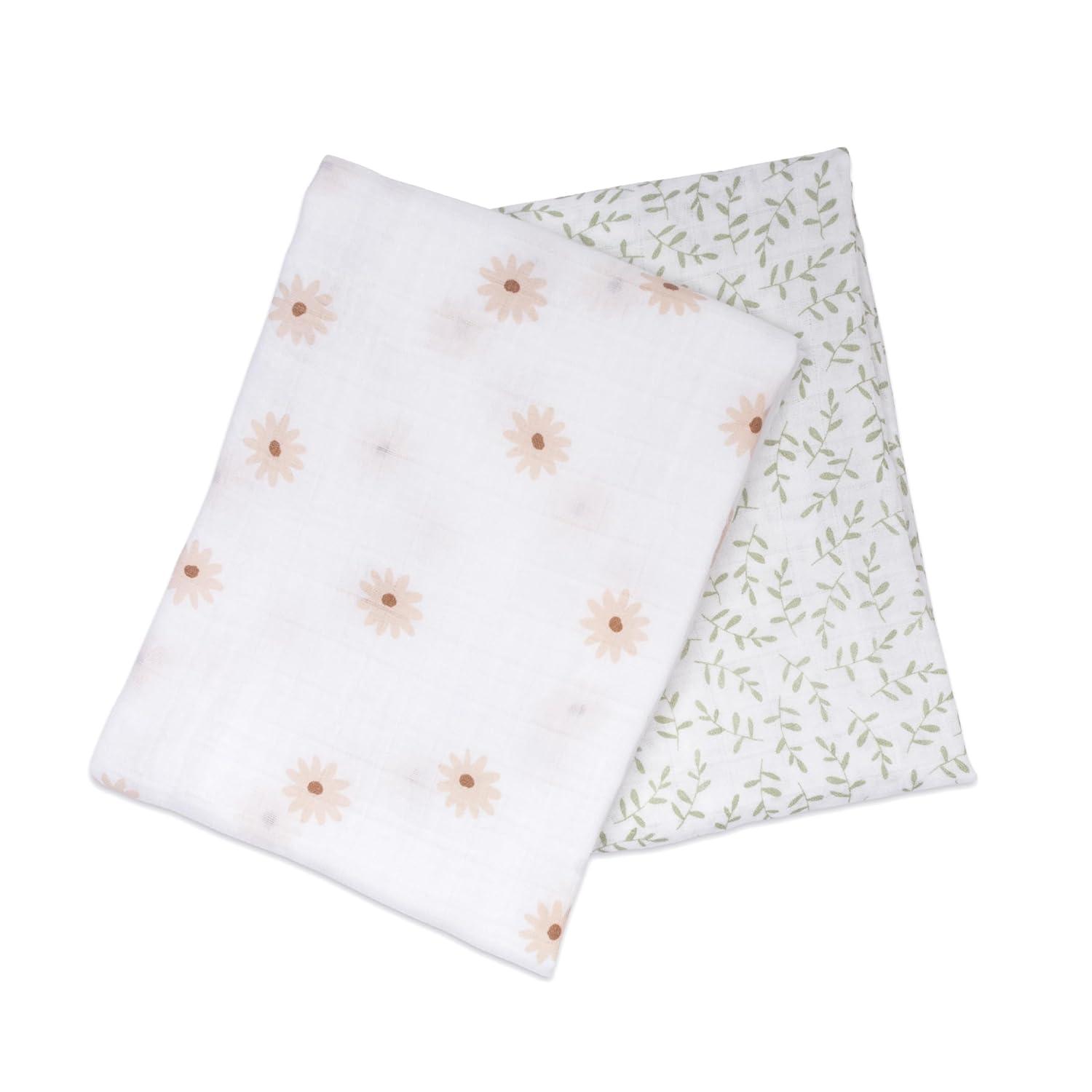 Lulujo Baby Swaddle Blankets | Unisex Softest Breathable Cotton Muslin Swaddle Blanket Set | Neutral Receiving Blanket for Girls & Boys | 40in x 40in | Daisies & Greenery | 2-Count