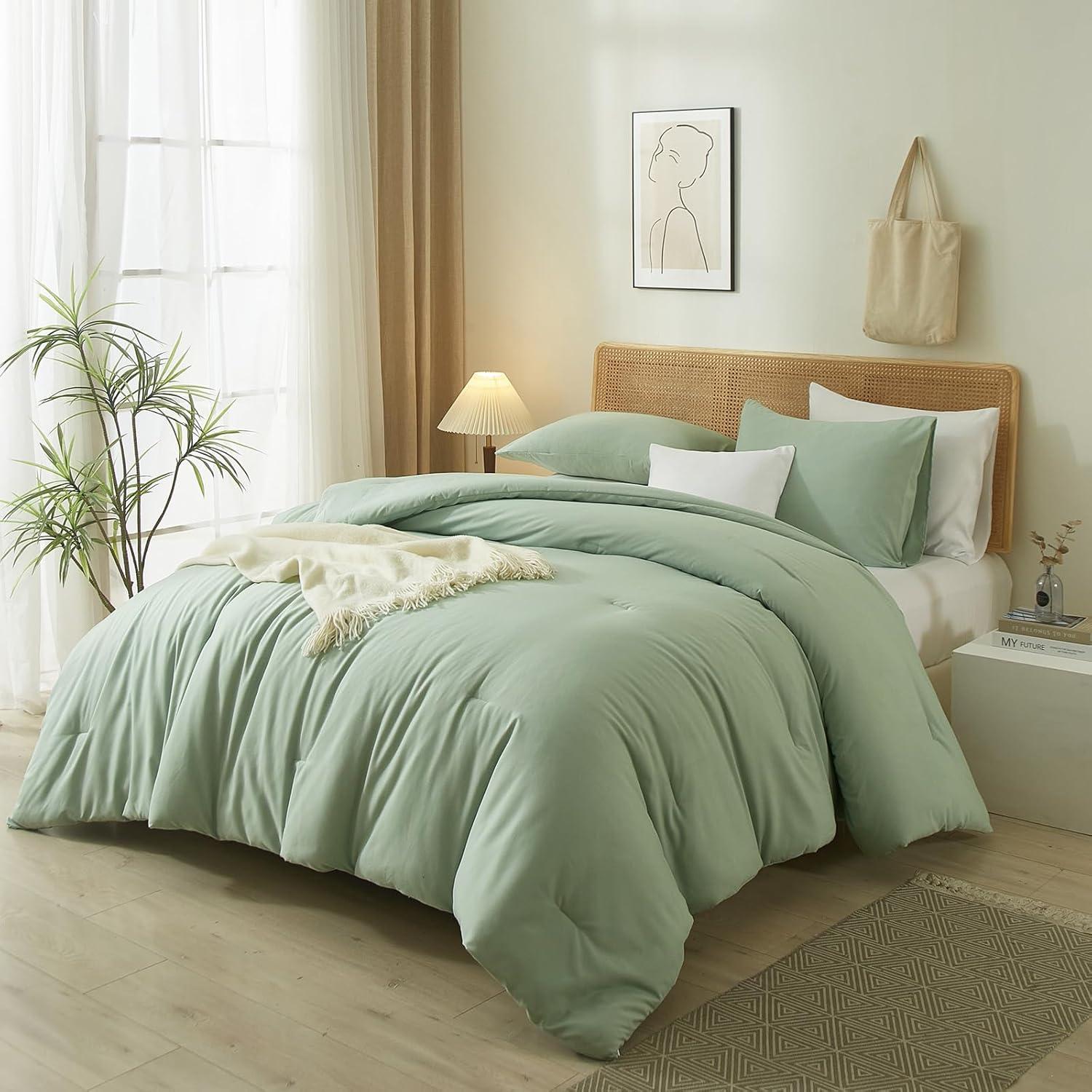 SPRINDAY Queen Comforter Set For Adult, 3 Piece Sage Green Comforter Sets & Bedding For All Season