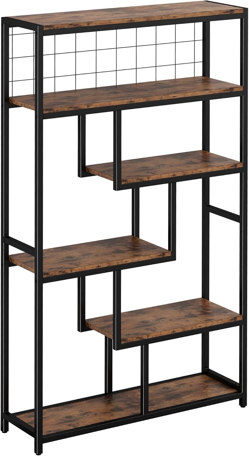 Vintage Brown 6-Tier Geometric Industrial Bookcase with Open Back