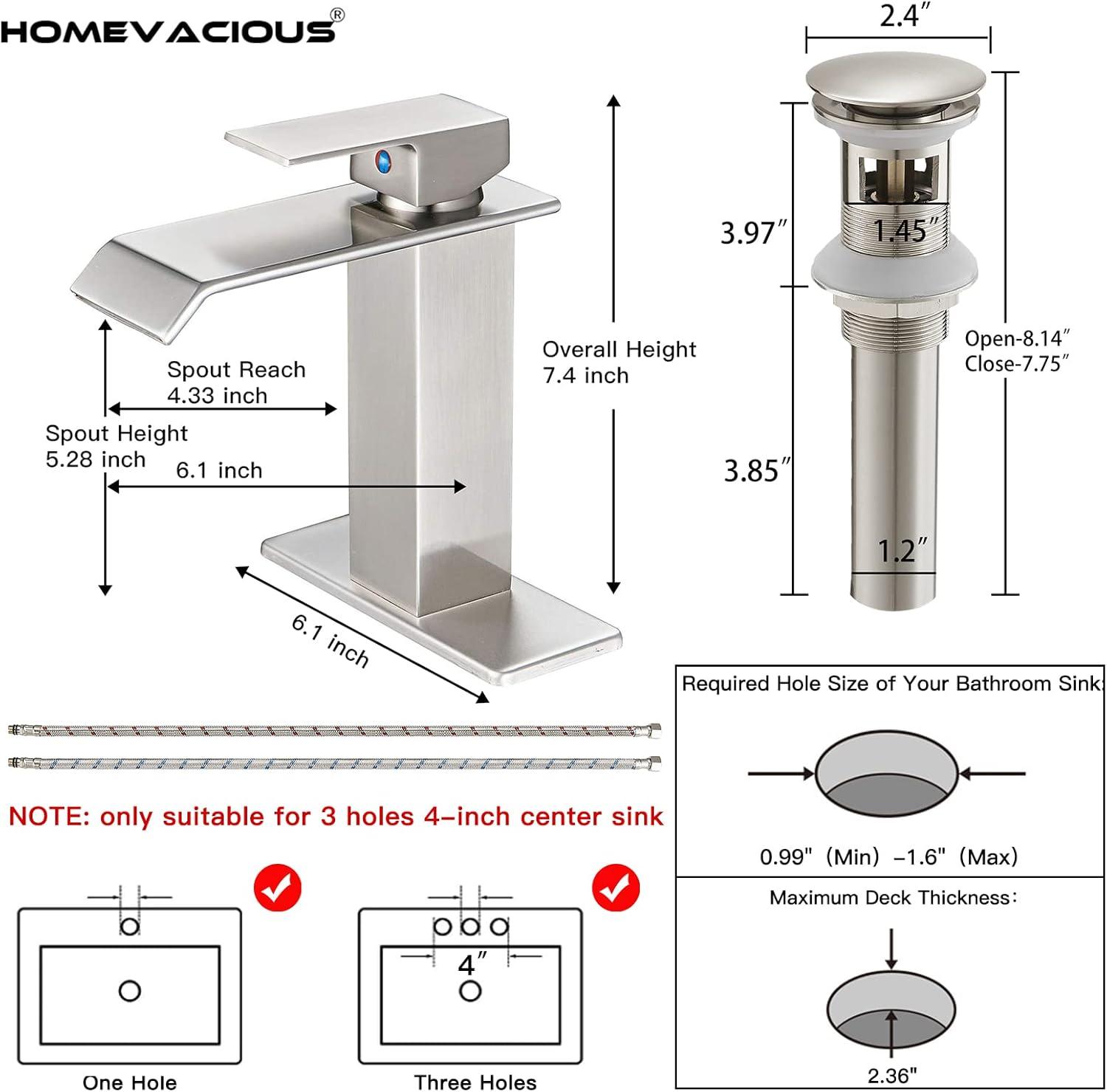 Brushed Nickel Single Handle Waterfall Bathroom Faucet with Pop Up Drain