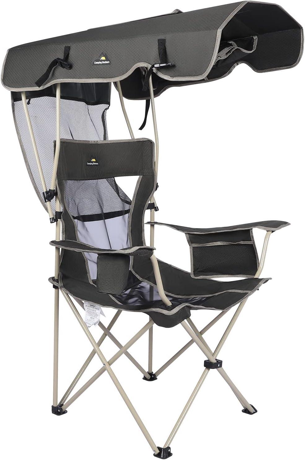 Camping Brothers Camping Chair with Shade Canopy - Outdoor Folding Patio Chair - Includes Retractable Sun Shade, Cup Holder, Side Pockets (Army Green)