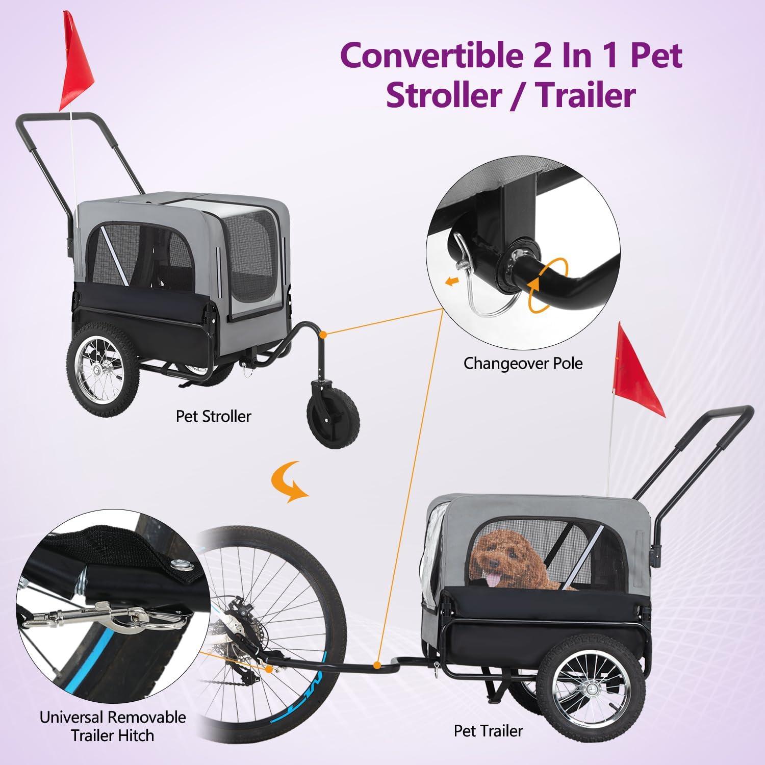 Gray Oxford Cloth 2-in-1 Dog Stroller and Bike Trailer