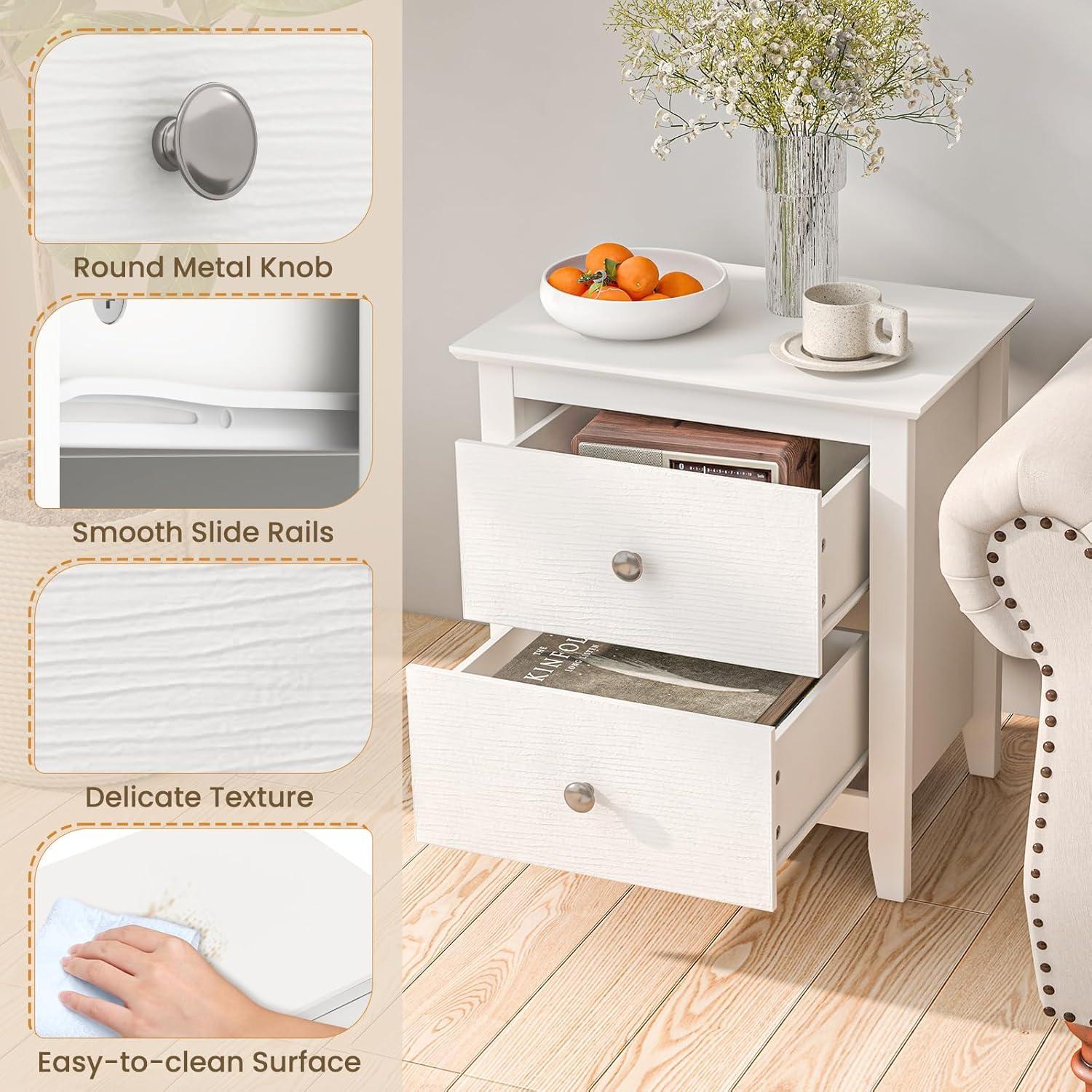 Tangkula Modern Nightstand with Storage 2 Drawers & Support Legs for Bedroom White