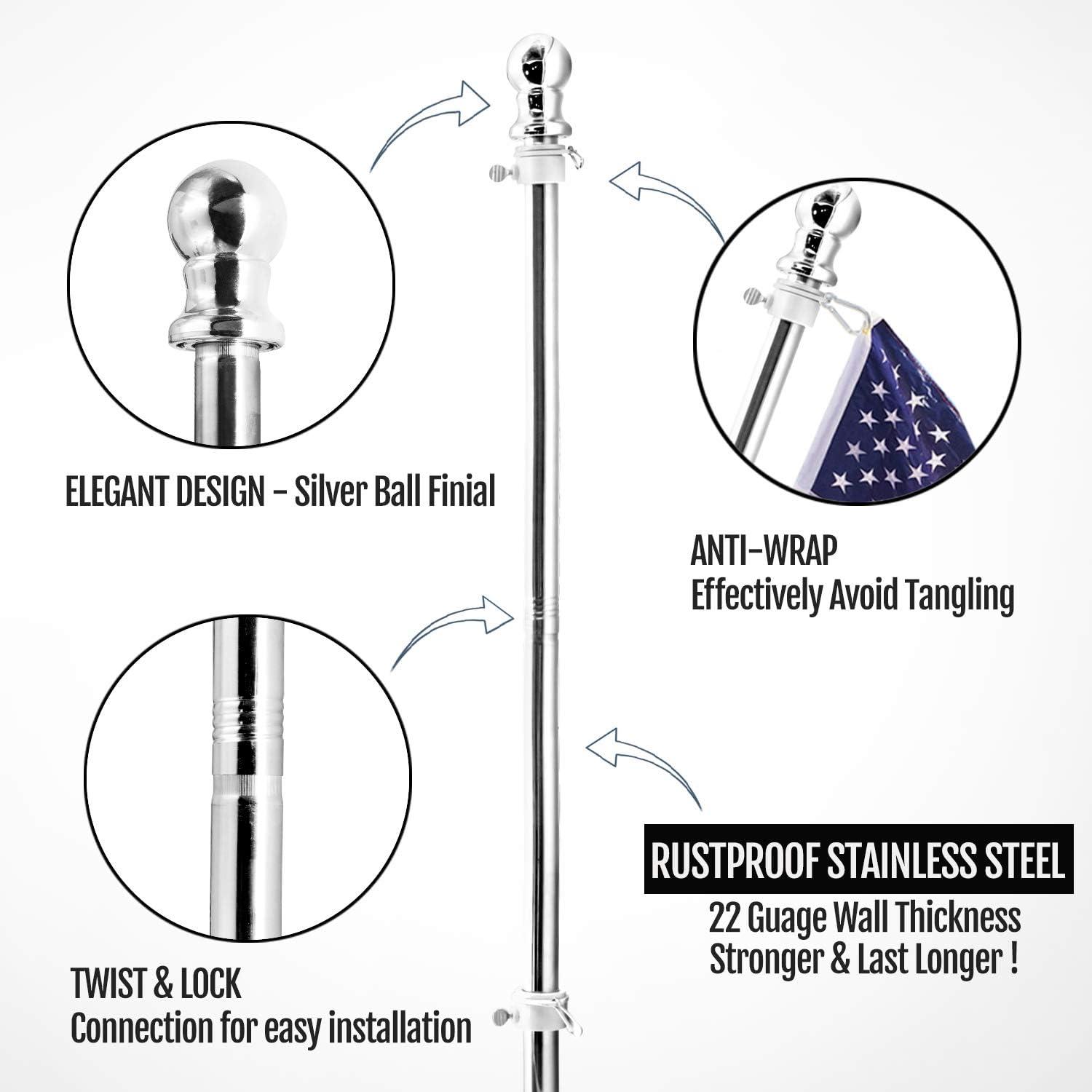 6-Foot Stainless Steel Adjustable Flag Pole Kit with Rotating Rings