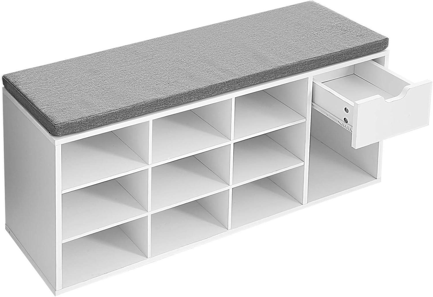 VASAGLE Storage Bench Entryway Bench with Cushion Drawer and Open Compartments Bench with Storage for Living Room White