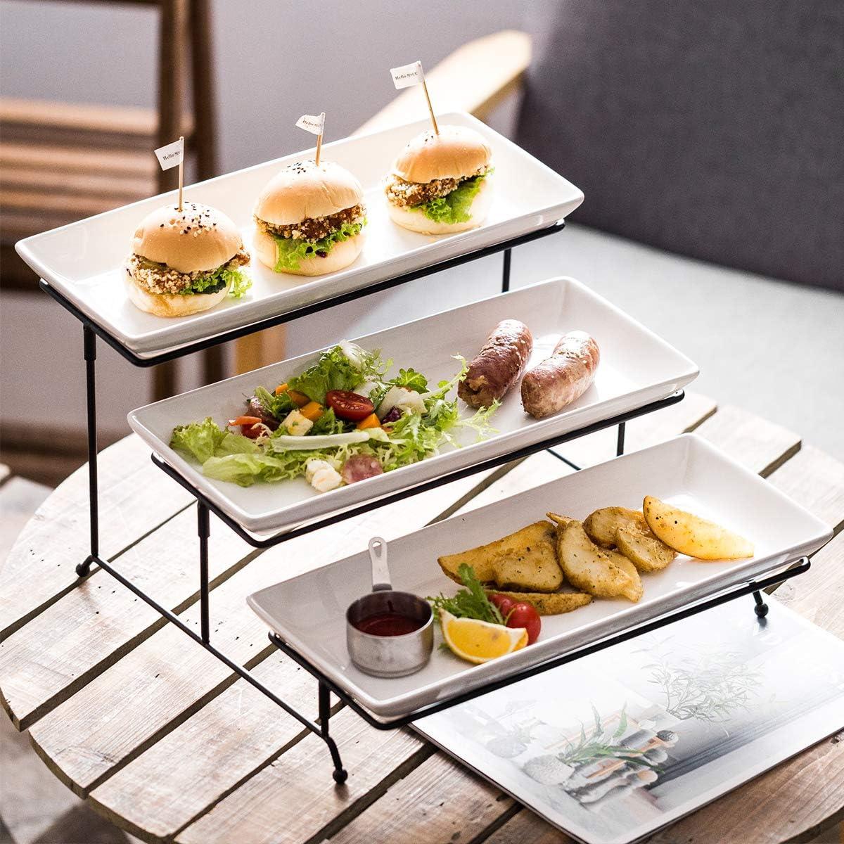 3 Tier Serving Stand Tiered Serving Stand with 3 Porcelain Serving Platters Trays for Dessert Server Display Collapsible Sturdier Metal Rack Large Size 14 inch Black