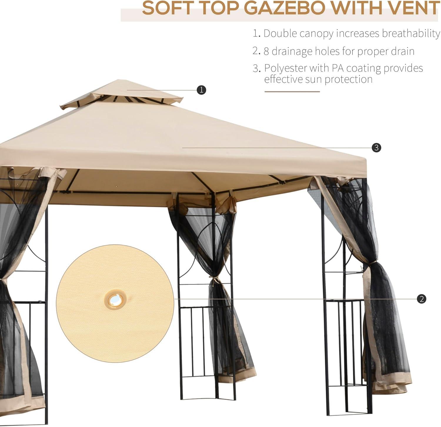 Outsunny 10' x 10' Patio Gazebo with Corner Shelves, Outdoor Gazebo Canopy Shelter with Netting, and Vented Roof, for Garden, Lawn, Backyard and Deck