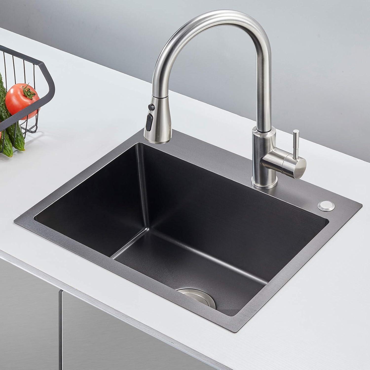 MENATT 20-inch Top-Mount Handmade Kitchen Sink, SUS304 Stainless Steel Drop in Kitchen Single Bowl Sink with Basket Strainer (Black), 20"x16"x9"