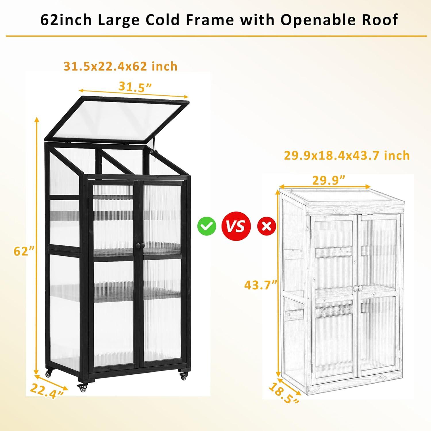 Polibi Wooden Greenhouse, Cold Frame Portable Greenhouse with Wheels and Adjustable Shelves for Indoor Outdoor Patio Balcony Garden, 31.5" Lx22.4 Wx62 H, Black