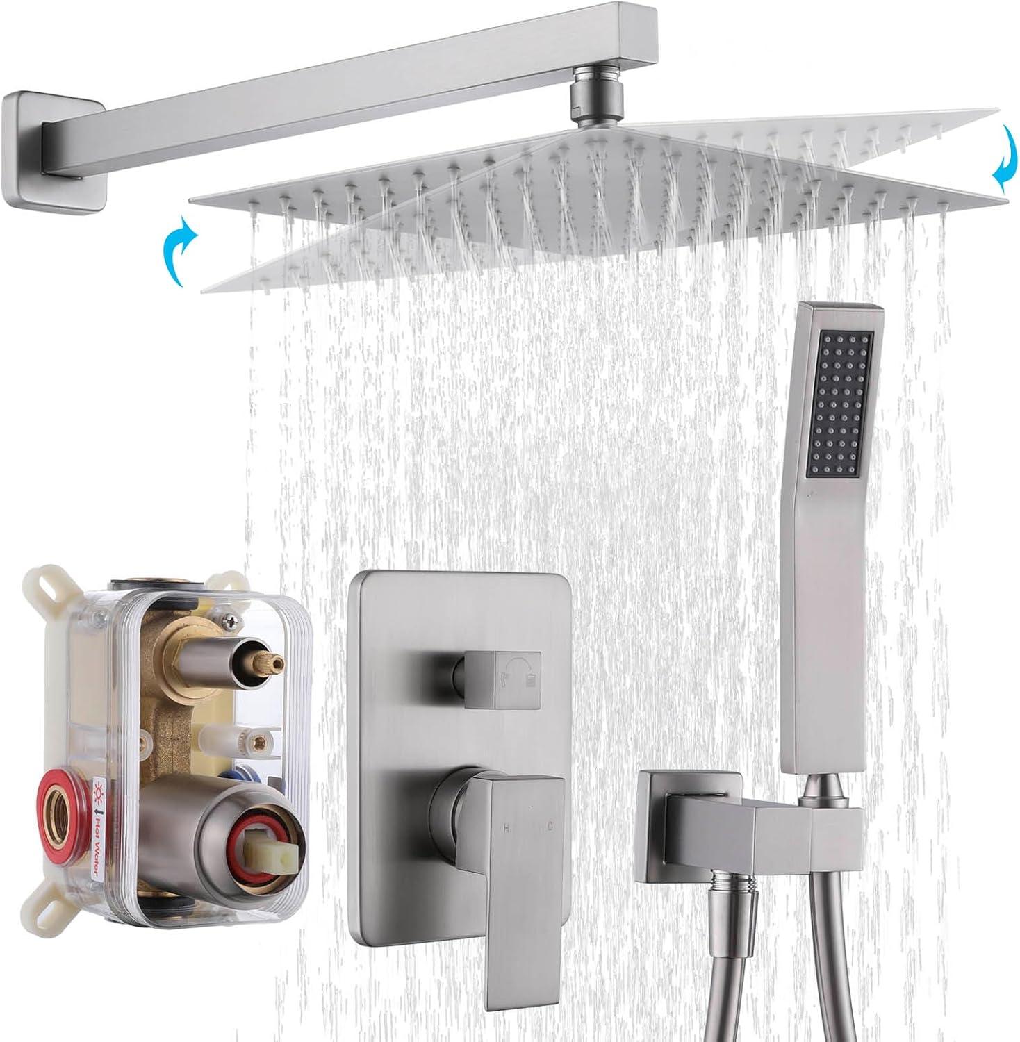 AWZTOO Wall Mounted Shower Faucet With Hand Shower Modern Shower System Set 10 Inch Rainfall Shower Head With Pressure Balance Valve Brushed Nickel