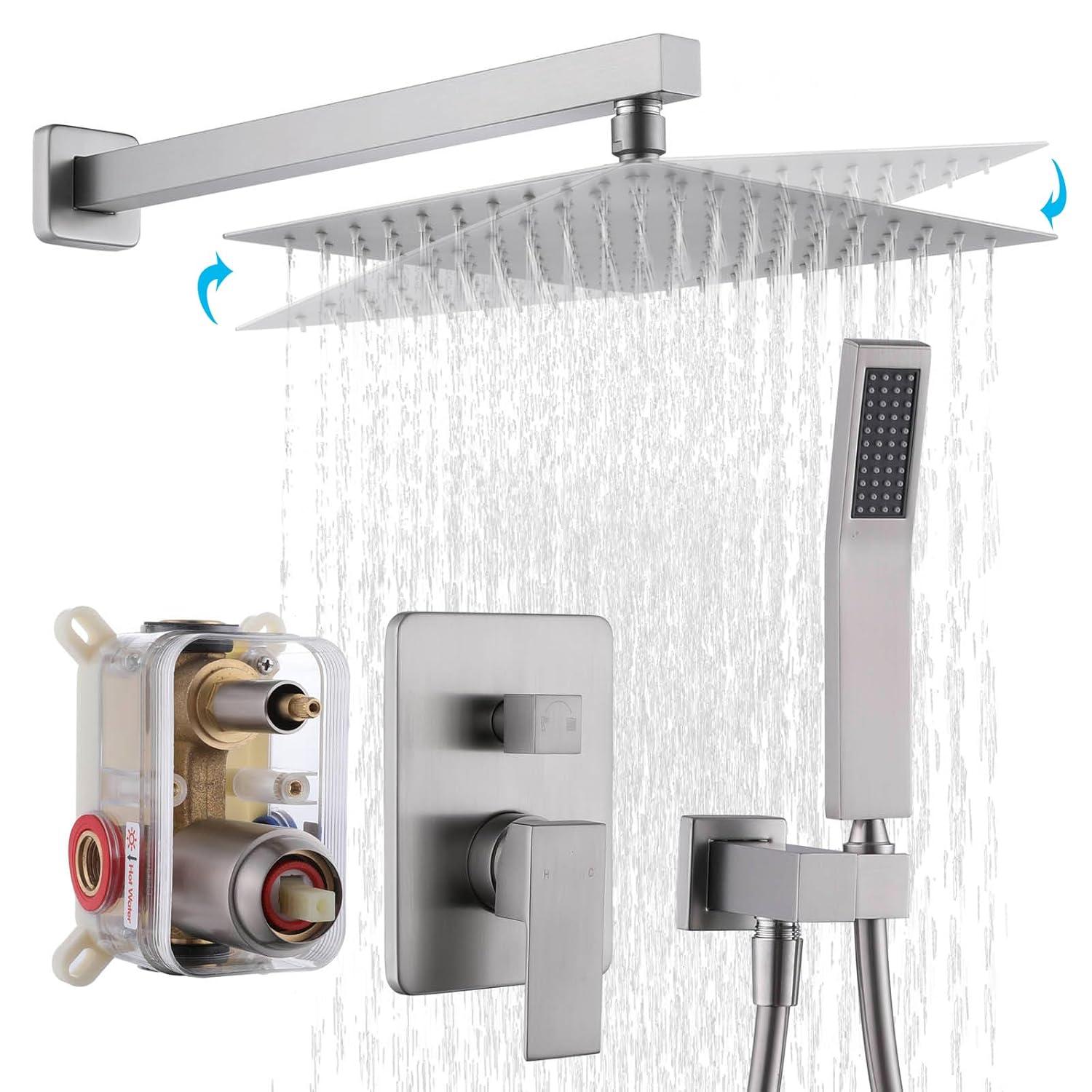 AWZTOO Wall Mounted Shower Faucet With Hand Shower Modern Shower System Set 10 Inch Rainfall Shower Head With Pressure Balance Valve Brushed Nickel