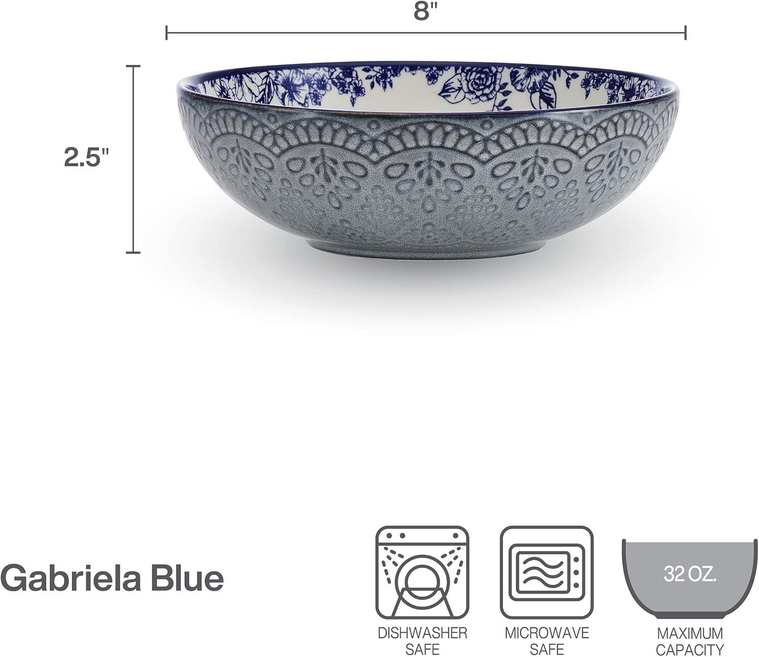 Gabriela 8" Blue and White Floral Ceramic Pasta Bowls, Set of 2