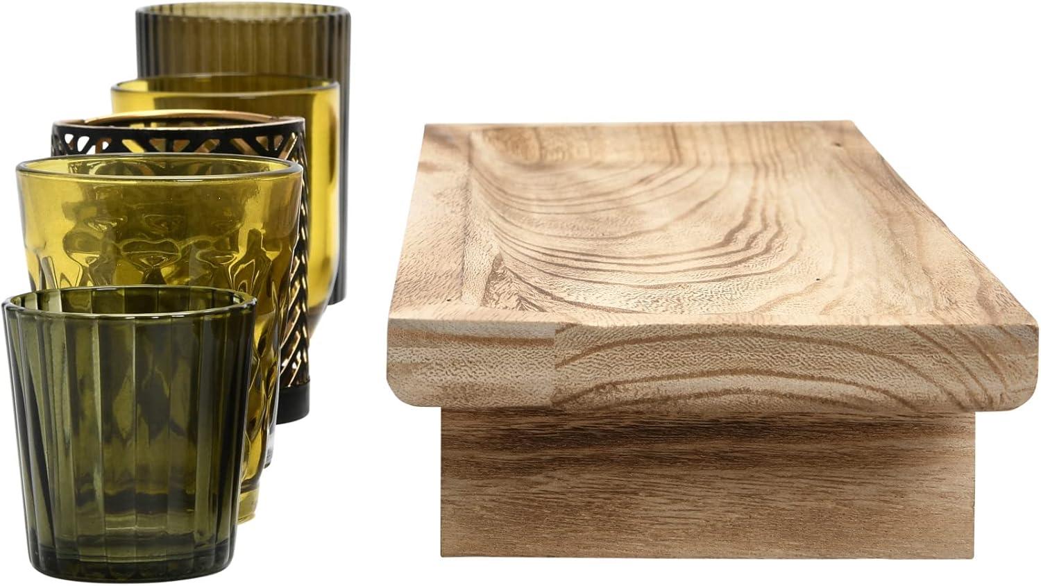 Paulownia Wood Tray with Glass & Metal Votive Holders Set, Green