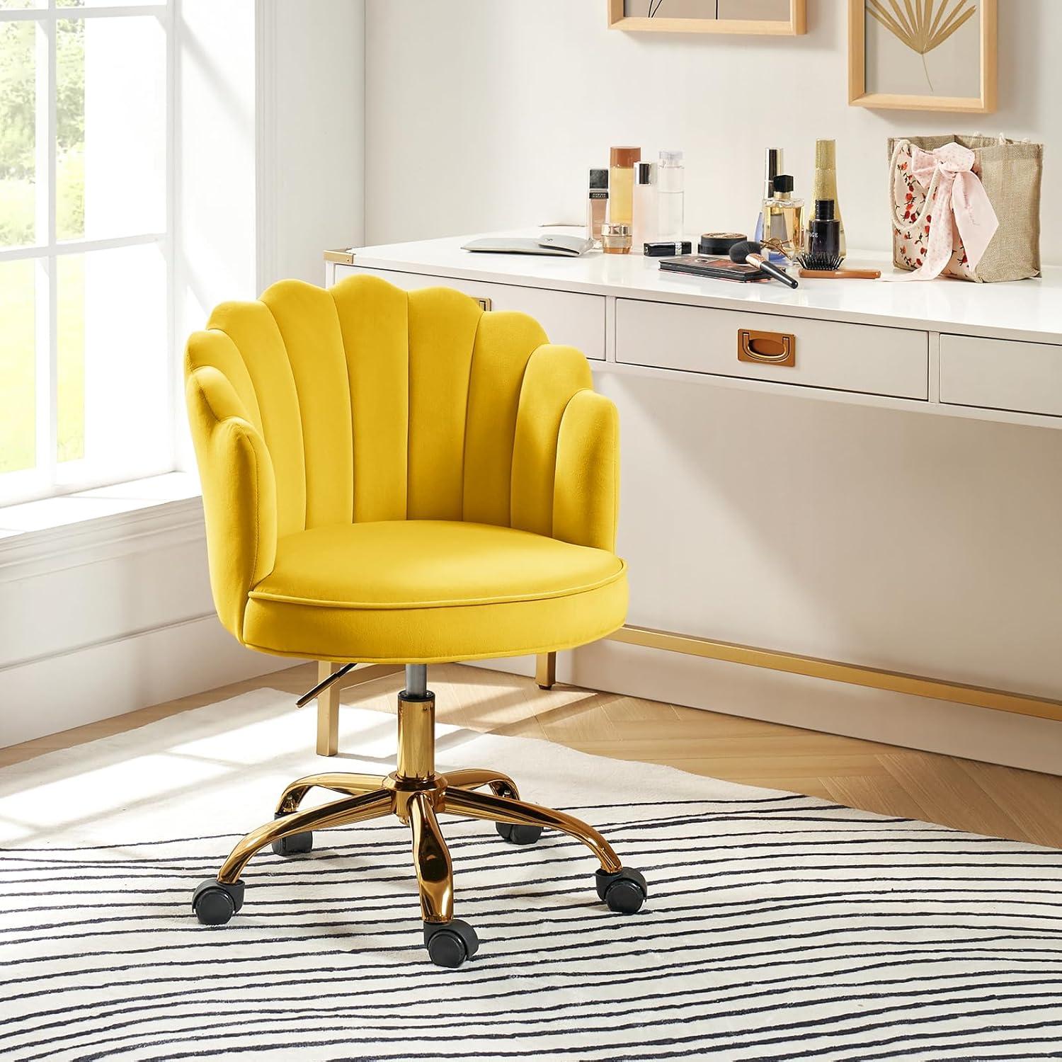HULALA HOME Velvet Home Office Desk Chair, Modern Shell Back Makeup Vanity Chair with Wheels, Swivel Height Adjustable Cute Task Chair for Women Girls, Yellow