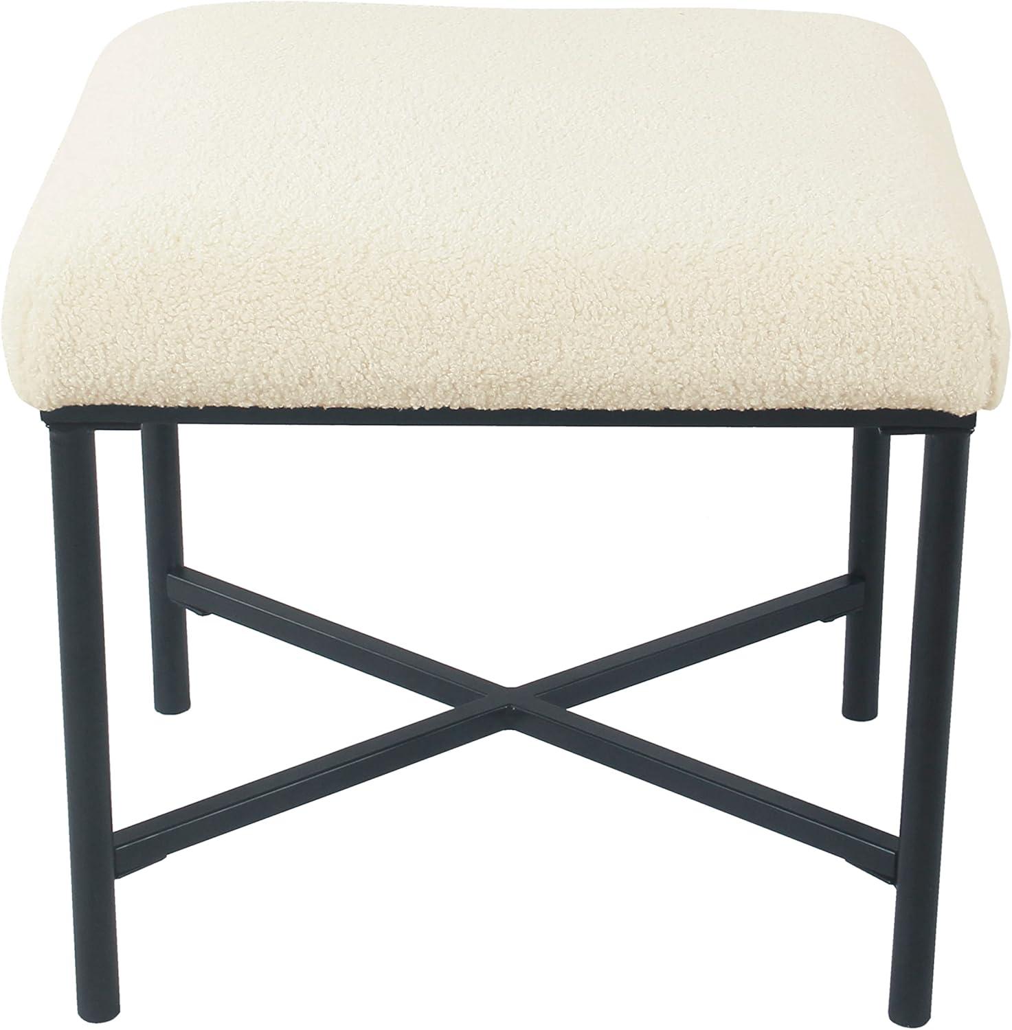 Square Metal Ottoman Cream Faux Sheepskin - HomePop: Matte Black Base, Living Room Seating