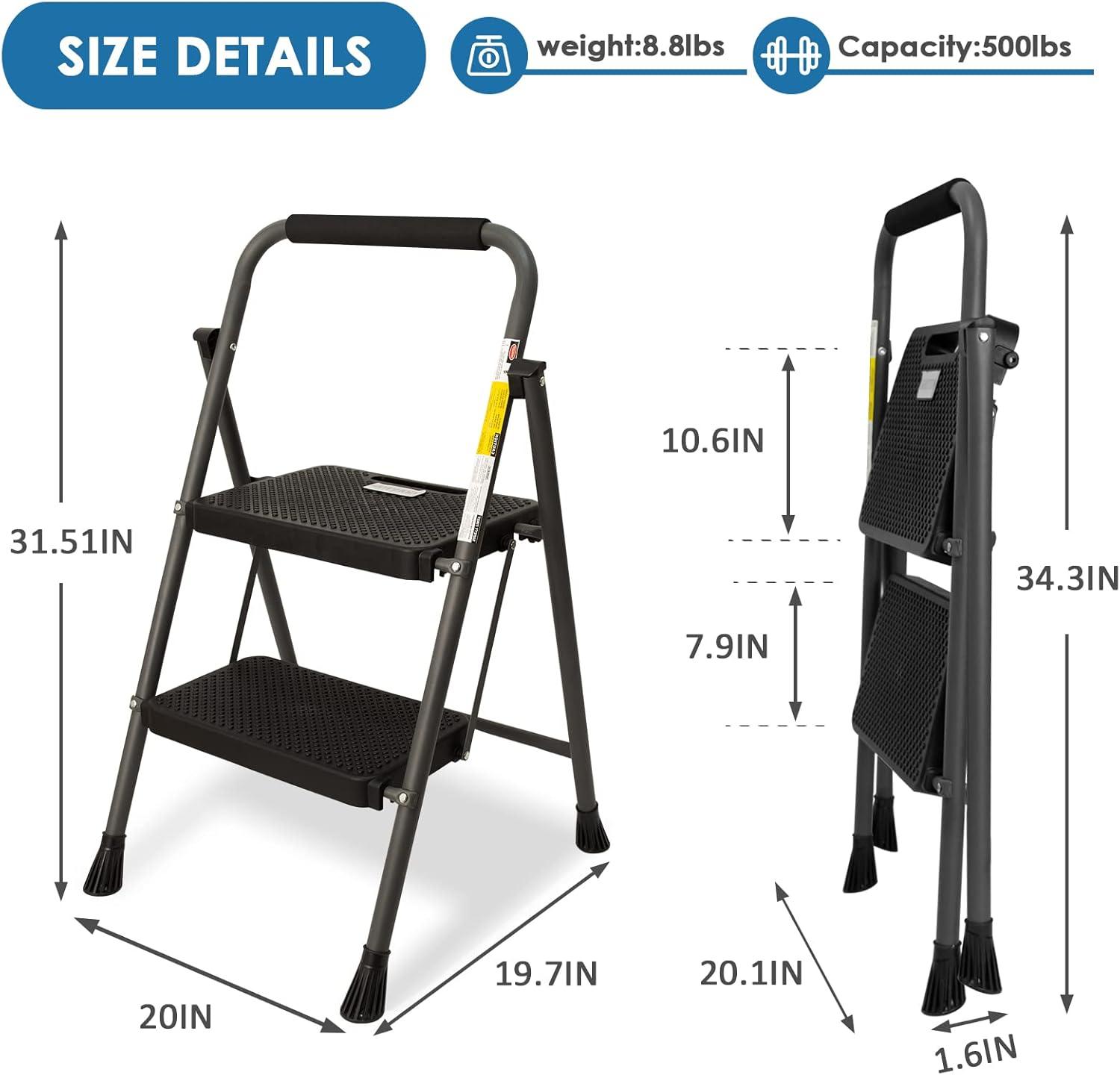 Gray Foldable Steel 2-Step Ladder with Anti-Slip Pedal