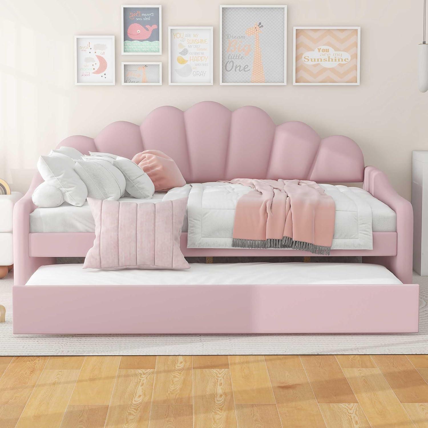 Elitezip Full Size Upholstered Daybed with Trundle, Velvet Upholstered Daybed with Shell Shaped Backrest, Full Daybeds for Adults, Modern Daybed Frame for Bedroom, Living Room, Guest Room, Pink