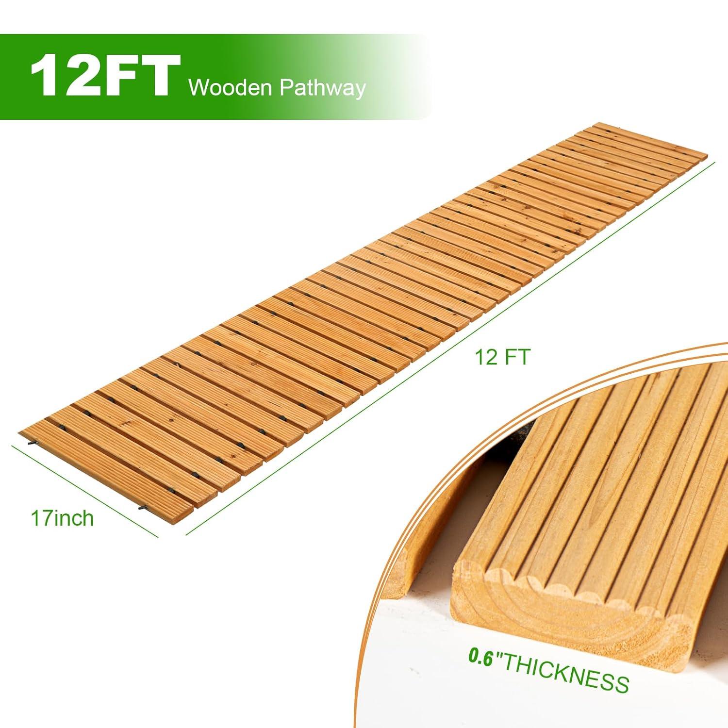 LINSHRY 12FT Wooden Garden Pathway, Outdoor Roll Out Decorative Garden Walkway, Weather-Resistant Non-Slip Hardwood Pathway for Backyard, Beach, Wedding Party Paths