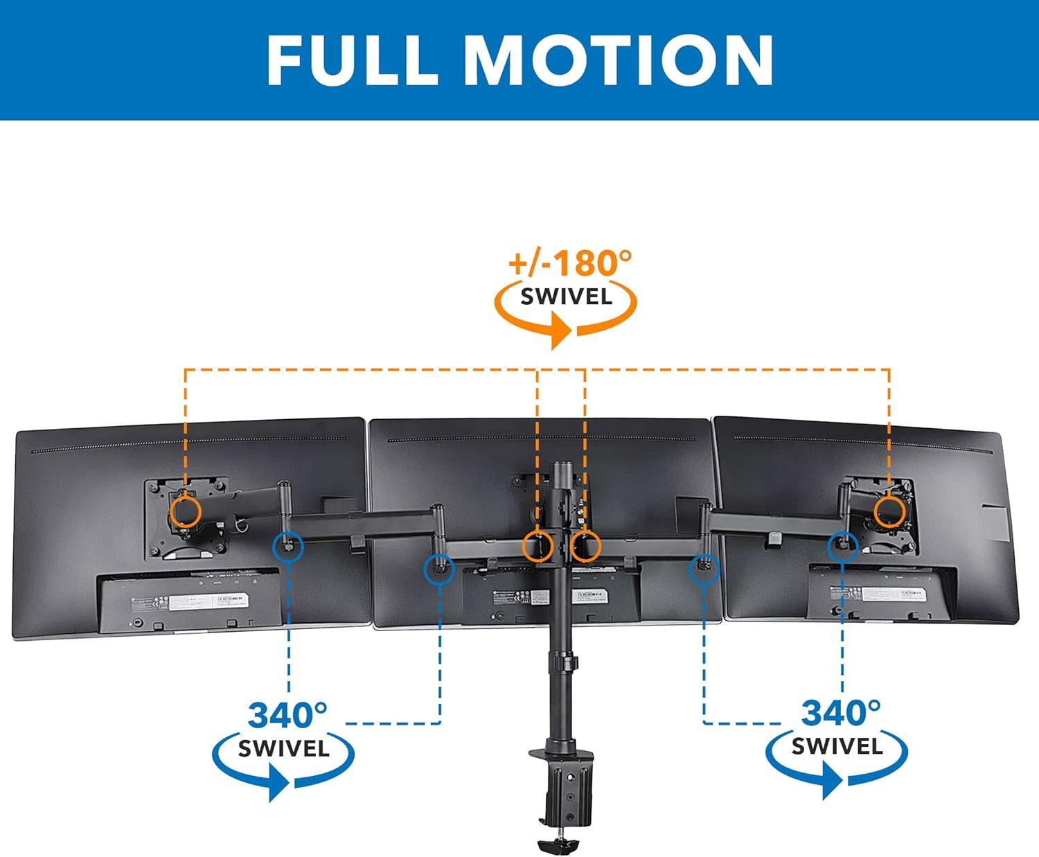 Mount-It! Full Motion Triple Monitor Mount 3 Screen Desk Stand for LCD Computer Monitors for 19 - 27 Inch Monitors, 54 Lbs. Weight Capacity, Black