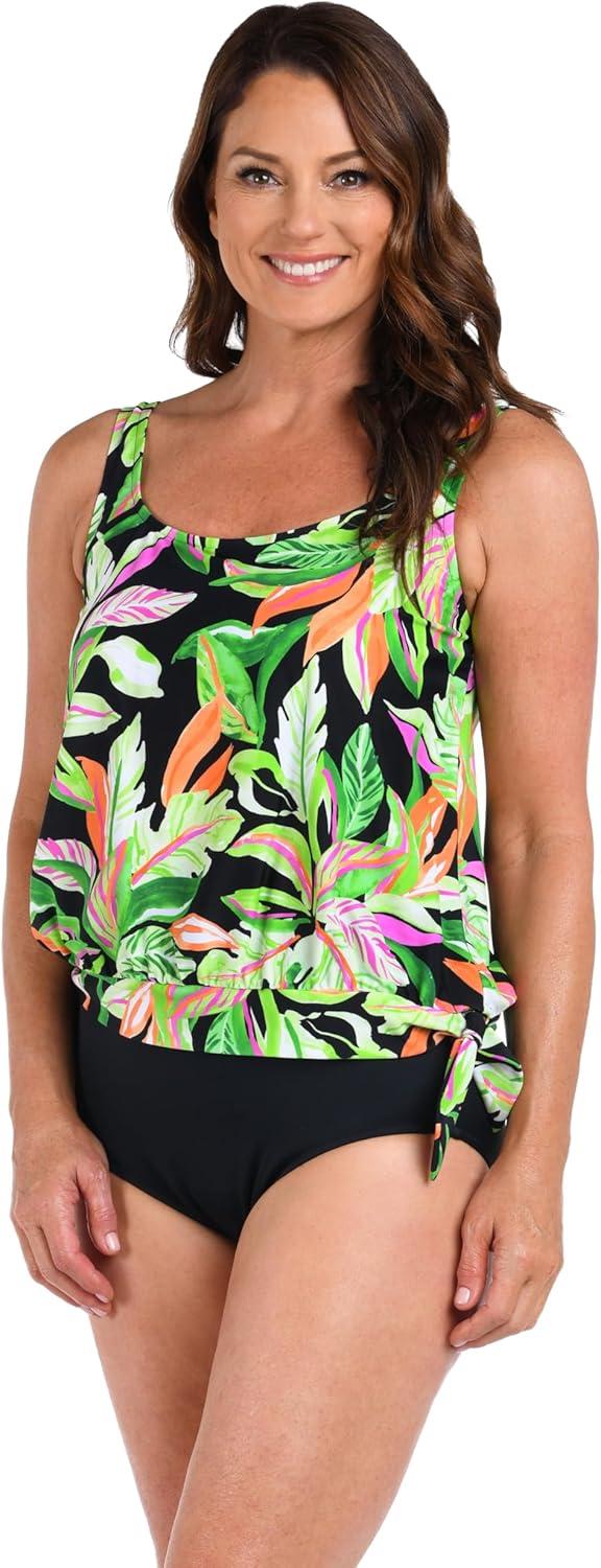 Maxine of Hollywood Women's Standard Side Tie Scoop Neck Banded Tankini Swimsuit Top, Multi//Rainforest Rainbow