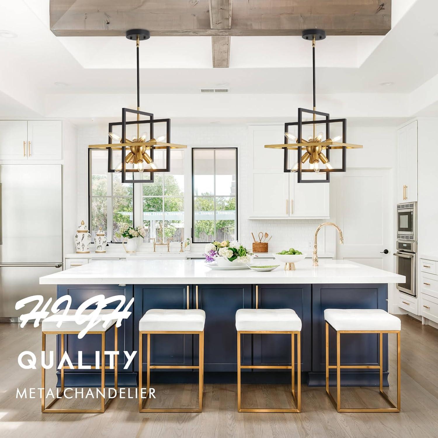 Modern Black and Gold Chandelier, 8-Light Geometric Pendant Light Fixture, Dining Light Fixtures Adjustable Chandelier for Dining Room Entryway Foyer Hallway Bedroom Living Room Kitchen Island