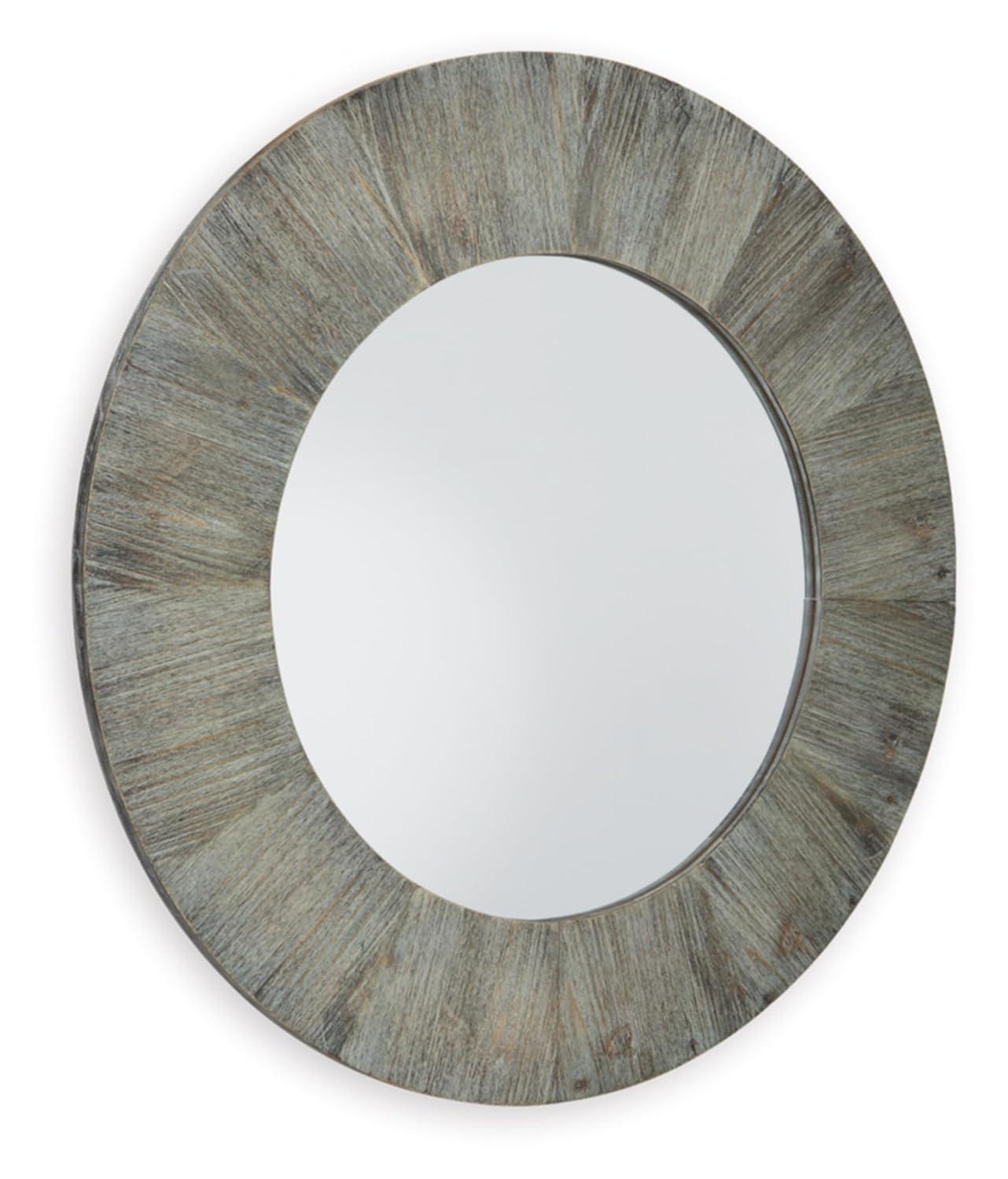 Gray Distressed Wood Round Wall-Mounted Mirror, 35.5"