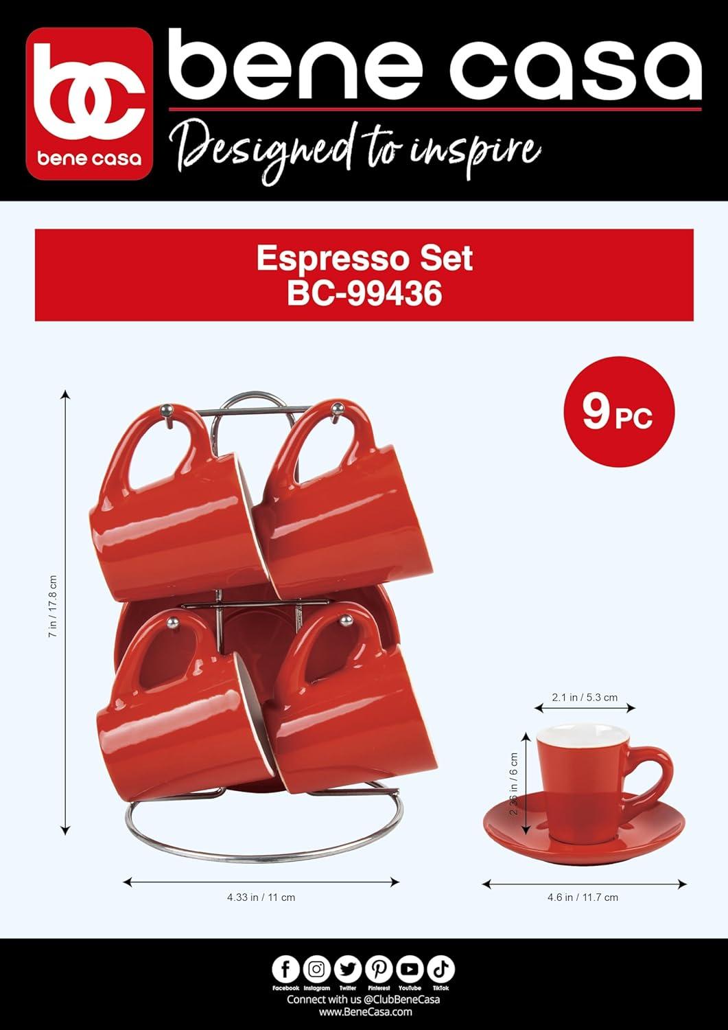 Bene Casa 9-Piece Red Espresso Demitasse Cup and Saucer Set with Stand