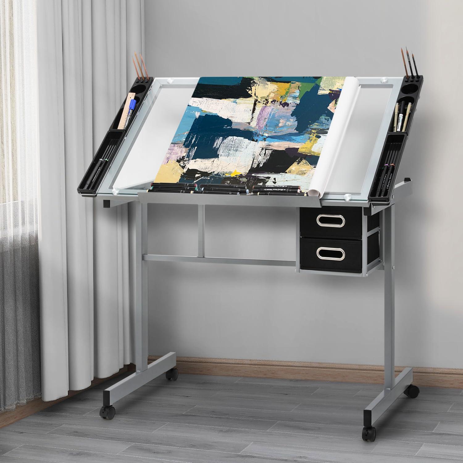 LIQI Drafting Table on Wheels with Storage & Side Tray - Adjustable 0-65° Glass Tabletop, Replaceable Feet Art Desk