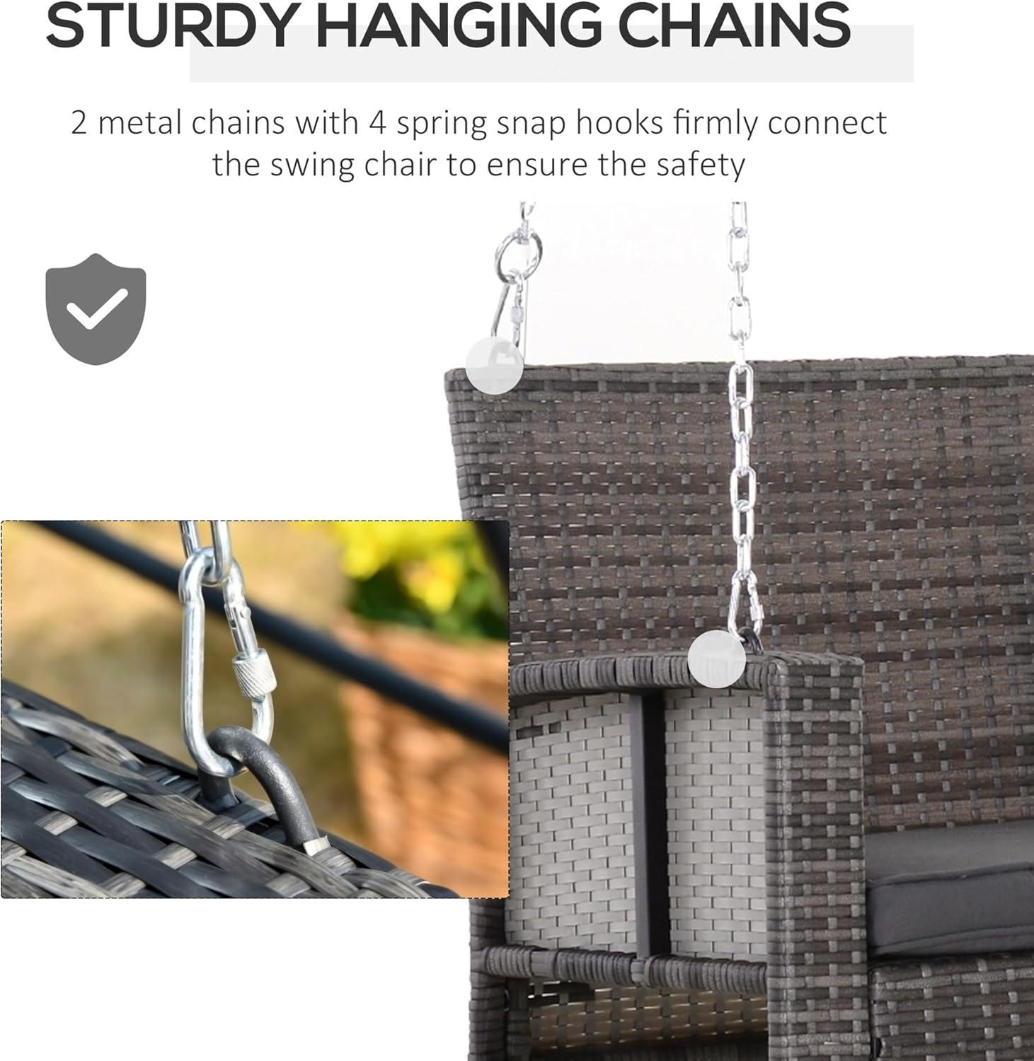 Outsunny 2-Person Wicker Hanging Porch Swing Bench, Front Porch Swing Outdoor Chair with Cushions 550lbs Weight Capacity for Backyard, Garden, gray