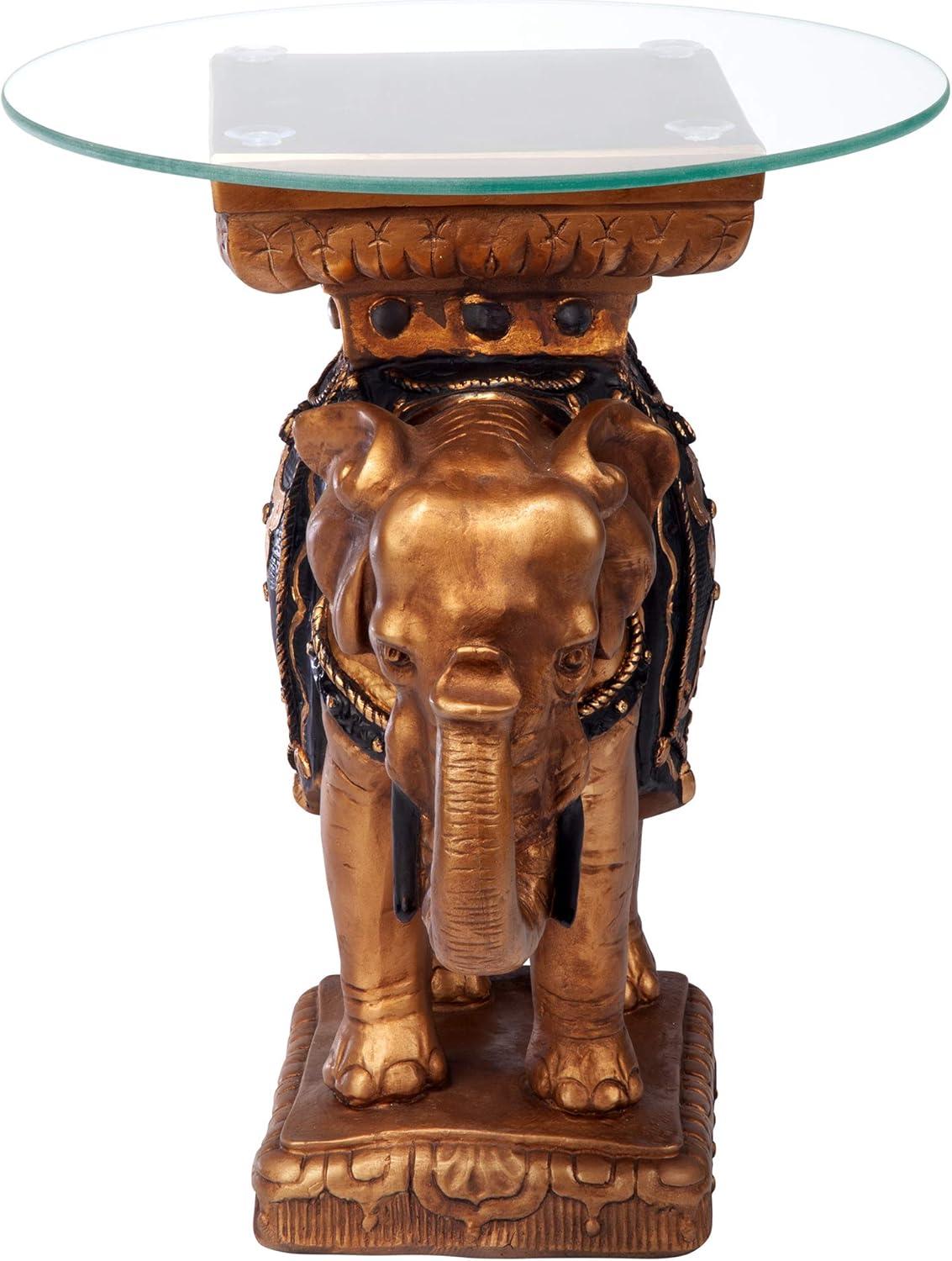 Majestic Maharajah Elephant 18" Glass-Topped Side Table in Black and Gold