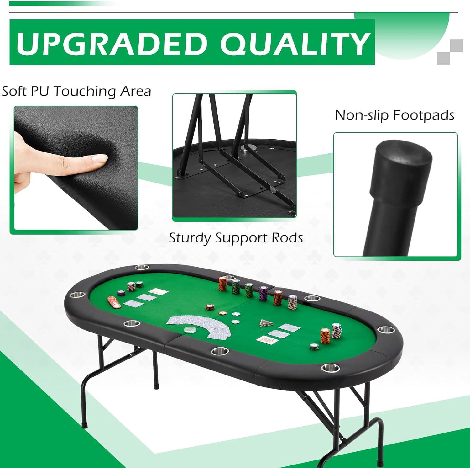 Folding Poker Table for 8 Players, Card Table with Cup Holder, Casino Leisure Table with Green Felt Surface for Blackjack Board Games